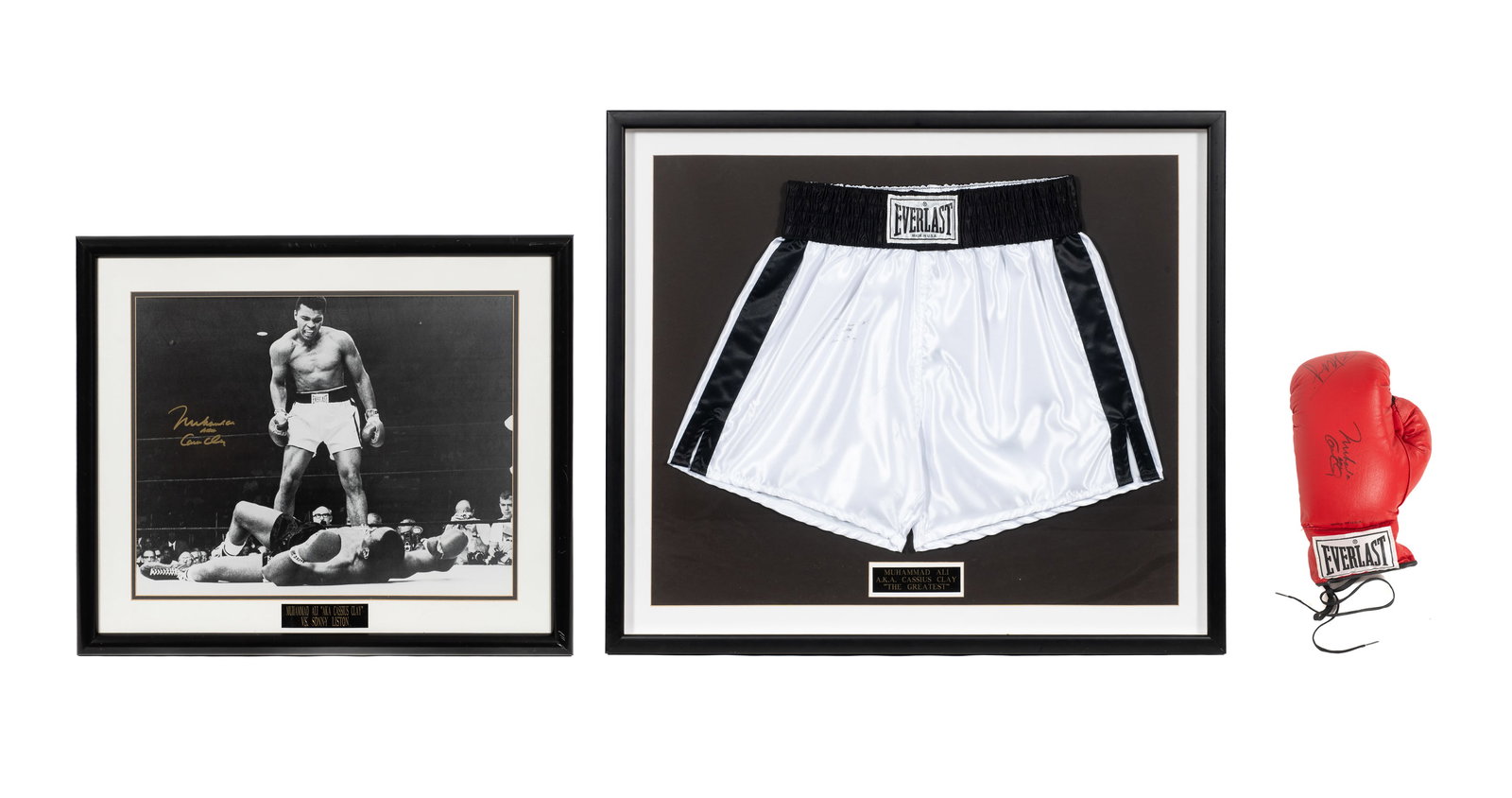 Lot of 3 Autographed Muhammad Ali Boxing Items.: This lot contains three items related to Muhammad Ali; all are signed, "Muhammad Ali aka Cassius Clay". They have not been authenticated by a major sports authenticator or grader, but come with circa 