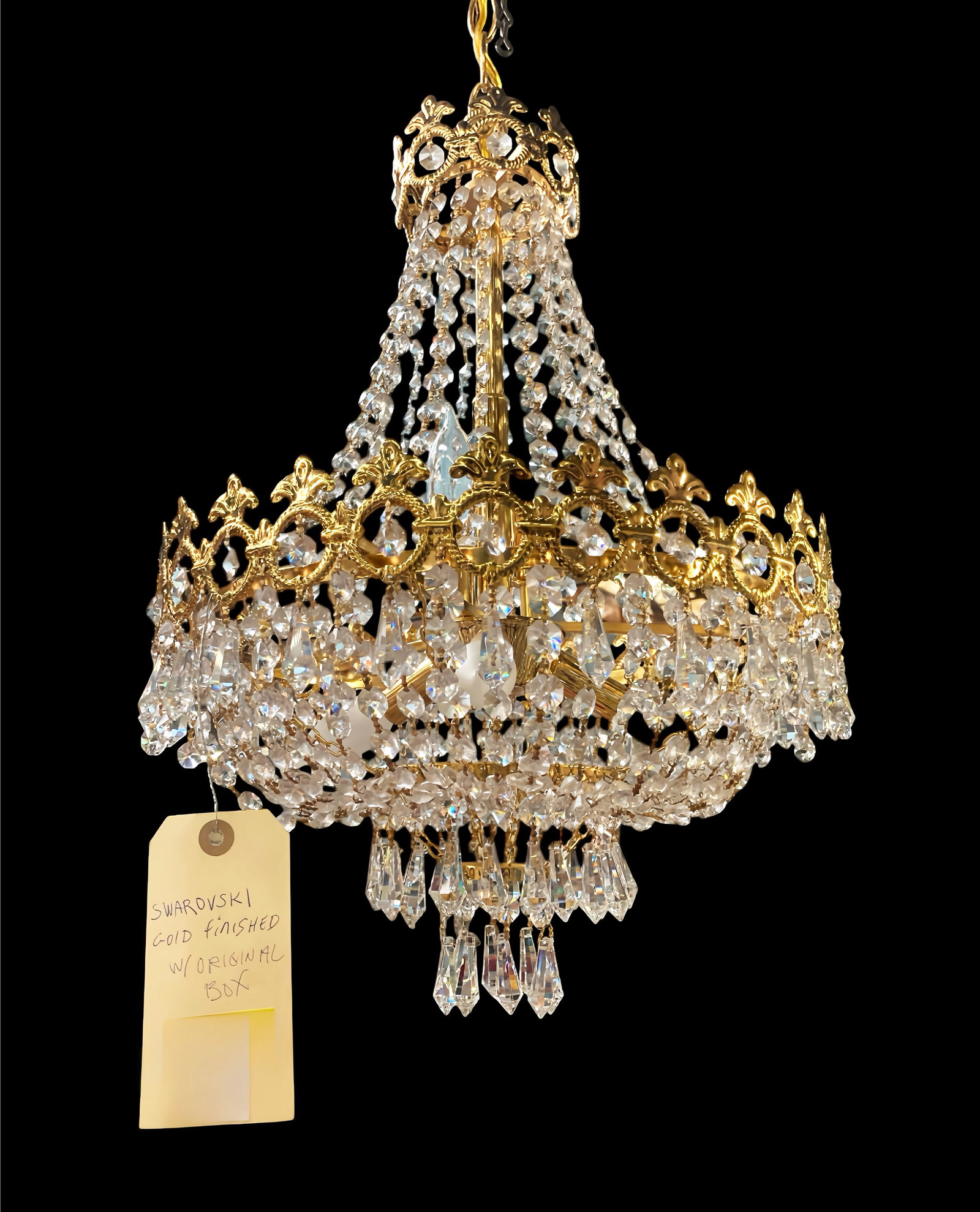 Swarovski 5-Light Gilded Prism Chandelier w/ Box.: The "Crystal Empire" chandelier is gold finished and covered in Swarovski crystal prisms. It measures 23" tall, and 13 1/2" in diameter (not including the ceiling mount). It comes with the original