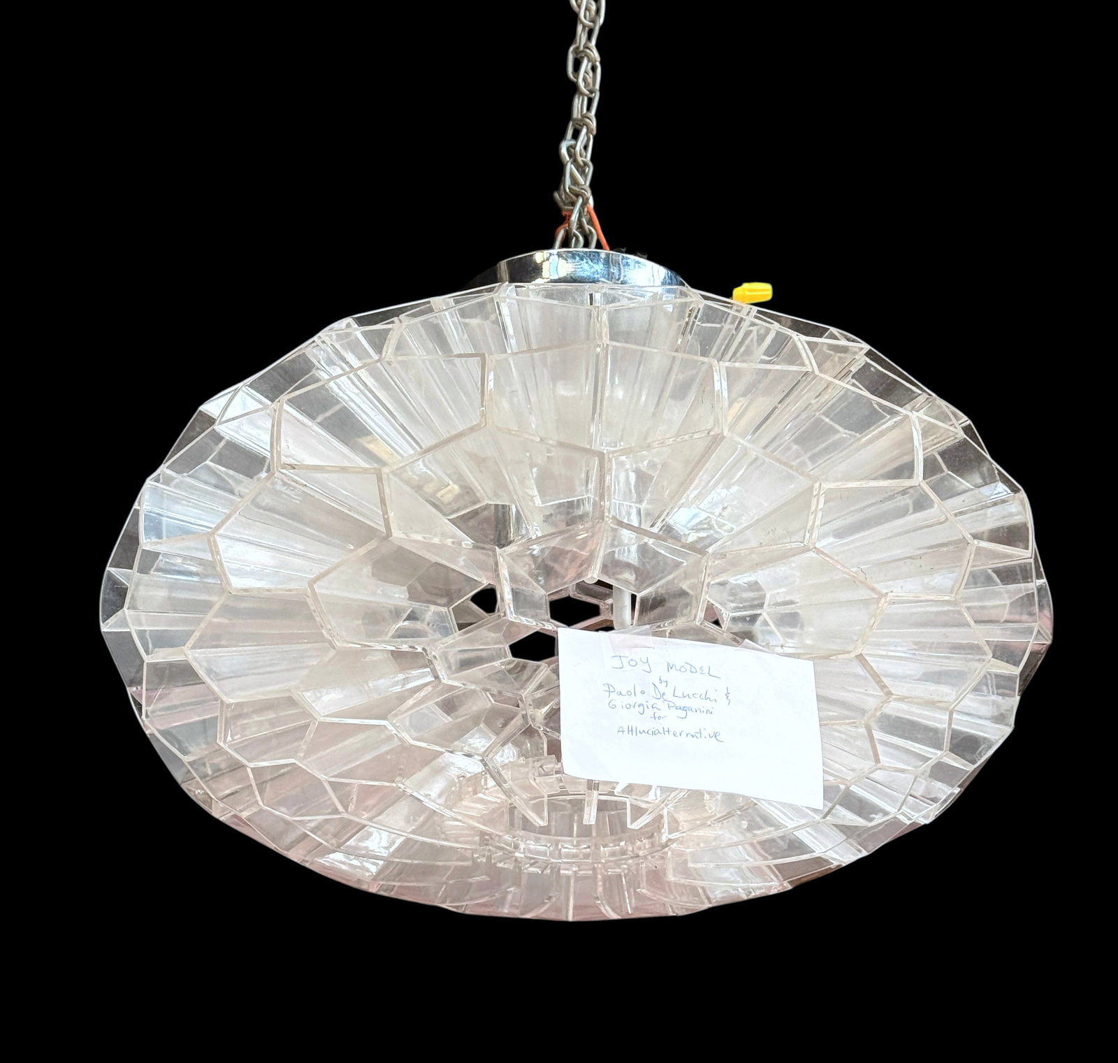 De Lucchi & Paganini "Joy" Pendant Light.: The 3-light pendant titled "Joy" was designed by Paolo de Lucchi and Giorgia Paganini for Alt Lucialternative. It has a flying saucer honeycomb design composed of acrylic hexagons. It measures 15"