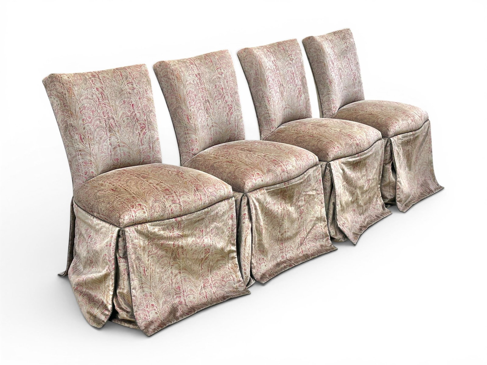 Lot of Four Skirted Dining Chairs.: The chairs have brown and red damask upholstery, and are in good condition, with only very minor wear. Each chair measures 23" wide, 21" deep, and 36" tall. Third-party freight shipping or personal pi