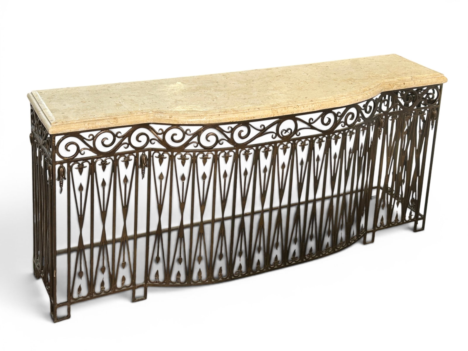 French Cast Iron Console Table w/ Travertine Top. (1 of 12)