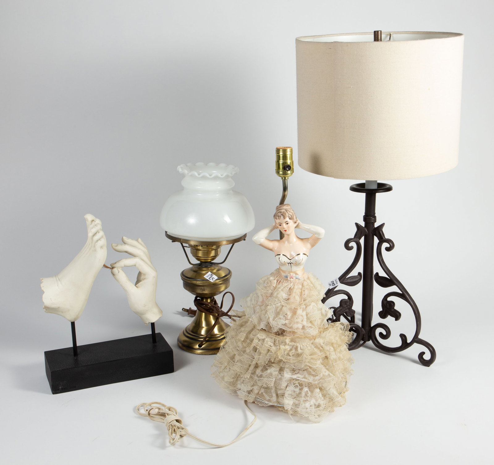 3 Lamps & 1 Sculpture - Wrought Iron, Brass, Doll. (1 of 8)