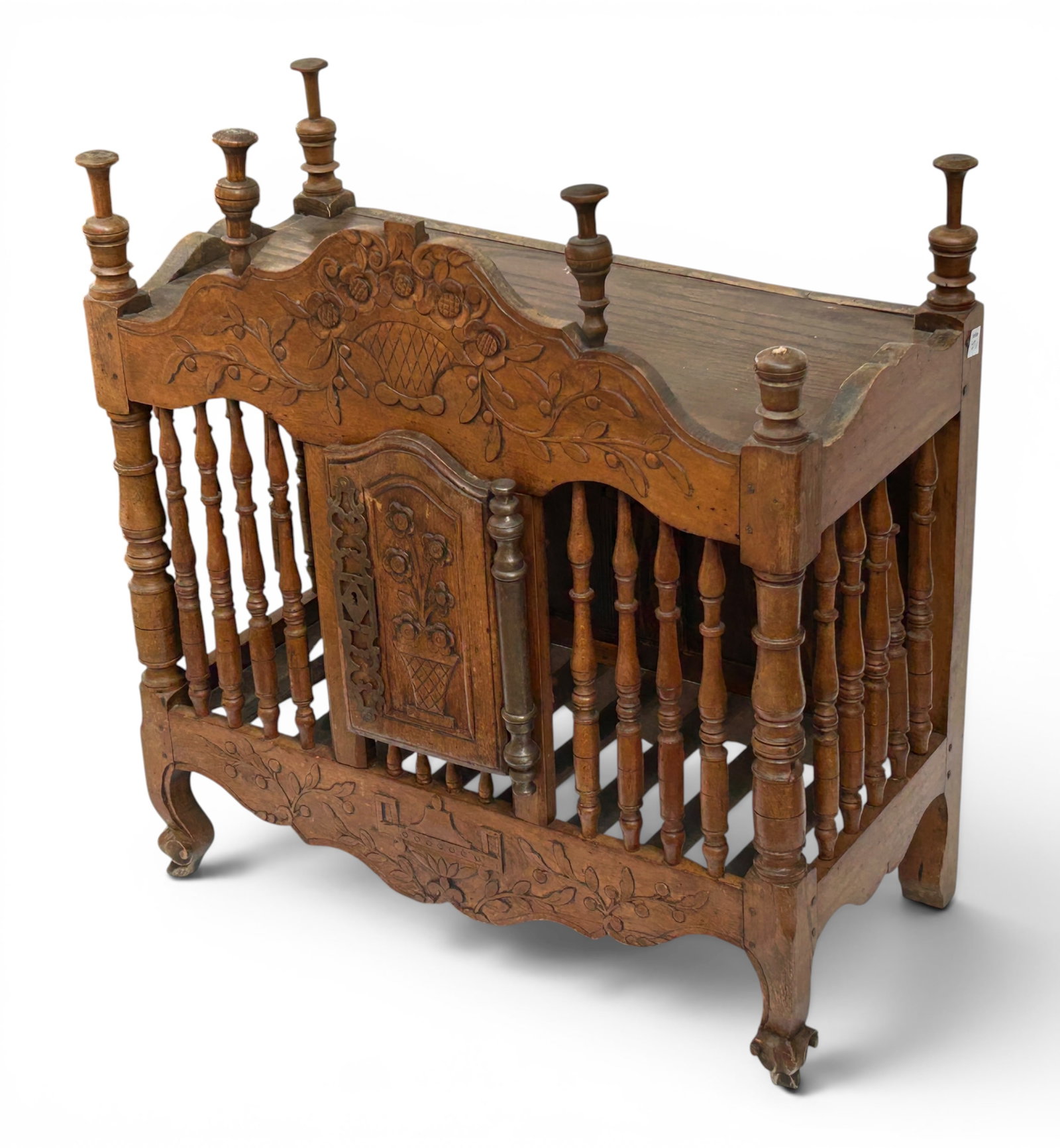 Antique French Carved Panetiere Bread Box.: The antique table top or wall hanging panetiere was once used to store bread, and keep pets and rodents out. It has carvings of flowers and urns, cabriole legs, and metal decorations on the lock and