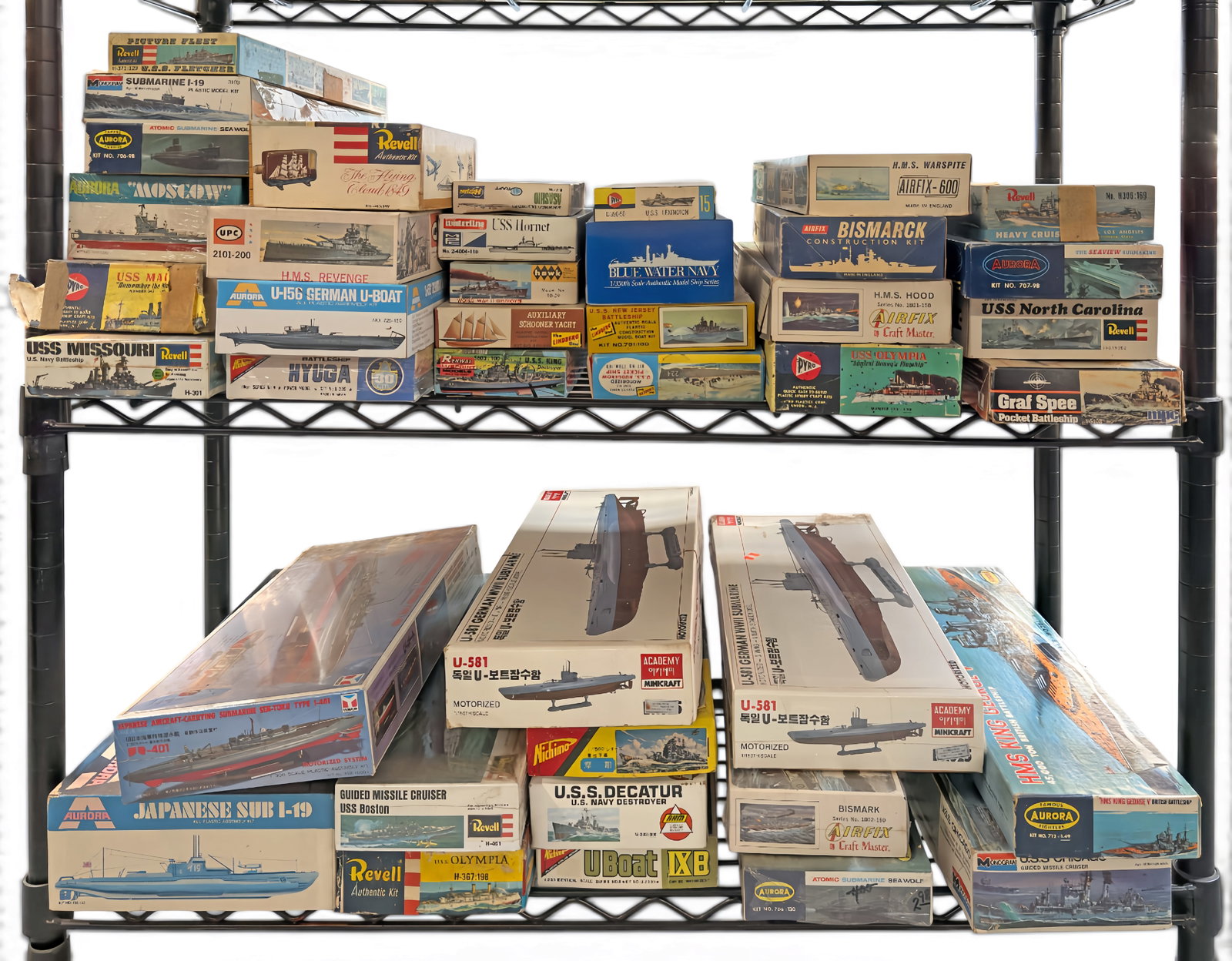 Lot of Vintage Ship & Submarine Model Kits.: The lot contains 40 boxed kits in scales 1/129 1/150, 1/500, 1/600, 1/300, 1/200, and more. There are 4 sealed kits: Aurora SSN Sea Wolf, Airfix Bismark, Academy Minicraft U-581 German WWII Submarine