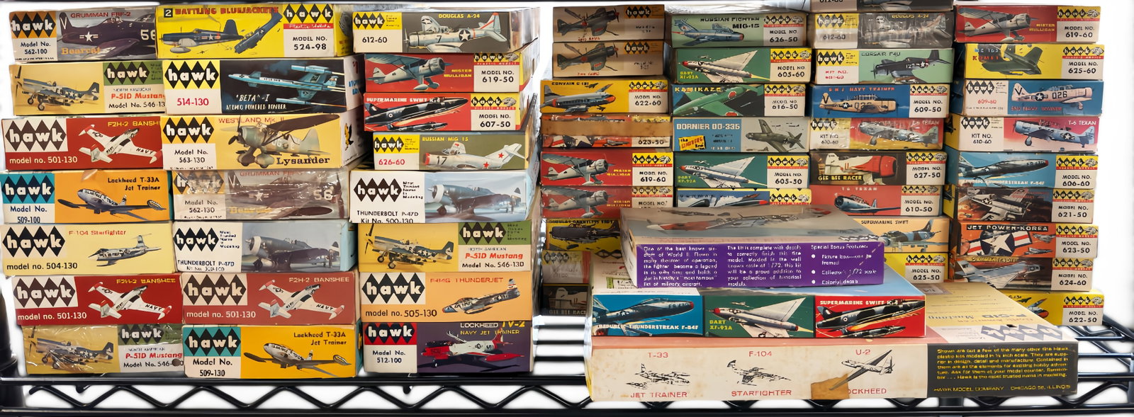 Lot of 62 Mostly Hawk Airplane Model Kits.: The model kits are from between the 1950's and 1970's. Some of the models included are Lysander, Grumman F8F-2, F-104 Banshee, Lockheed T-33A, Convair C-131. Russian Fighter MIG-15, SNJ Navy Trainer,