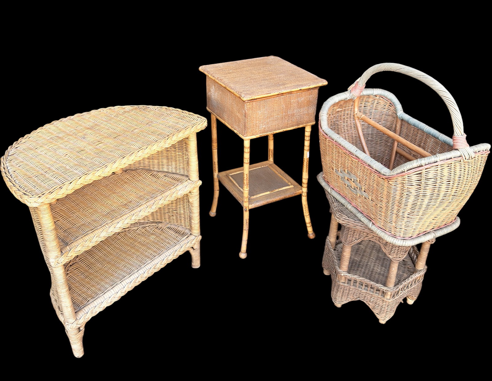 Lot of Wicker Rattan Tables & Basket, inc. Bamboo. (1 of 3)