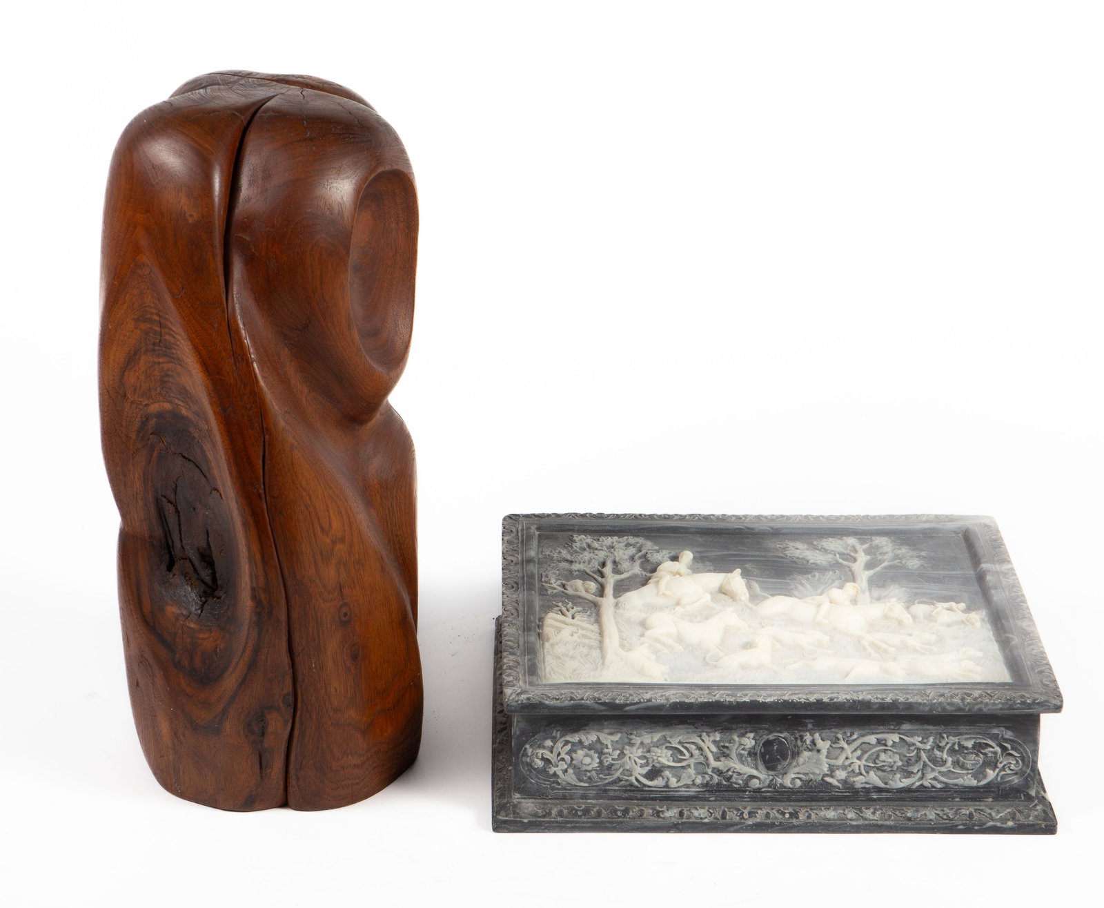 Lot: Incolay Jewelry Box, Abstract Wood Sculpture.: The artist of the sculpture is unknown. It measures 6" x 6" x 14 1/4". The incolay stone box has a fox hunt scene on the lid. The box dimensions are 11 3/8" x 9" x 3 1/8". In-house shipping is availab