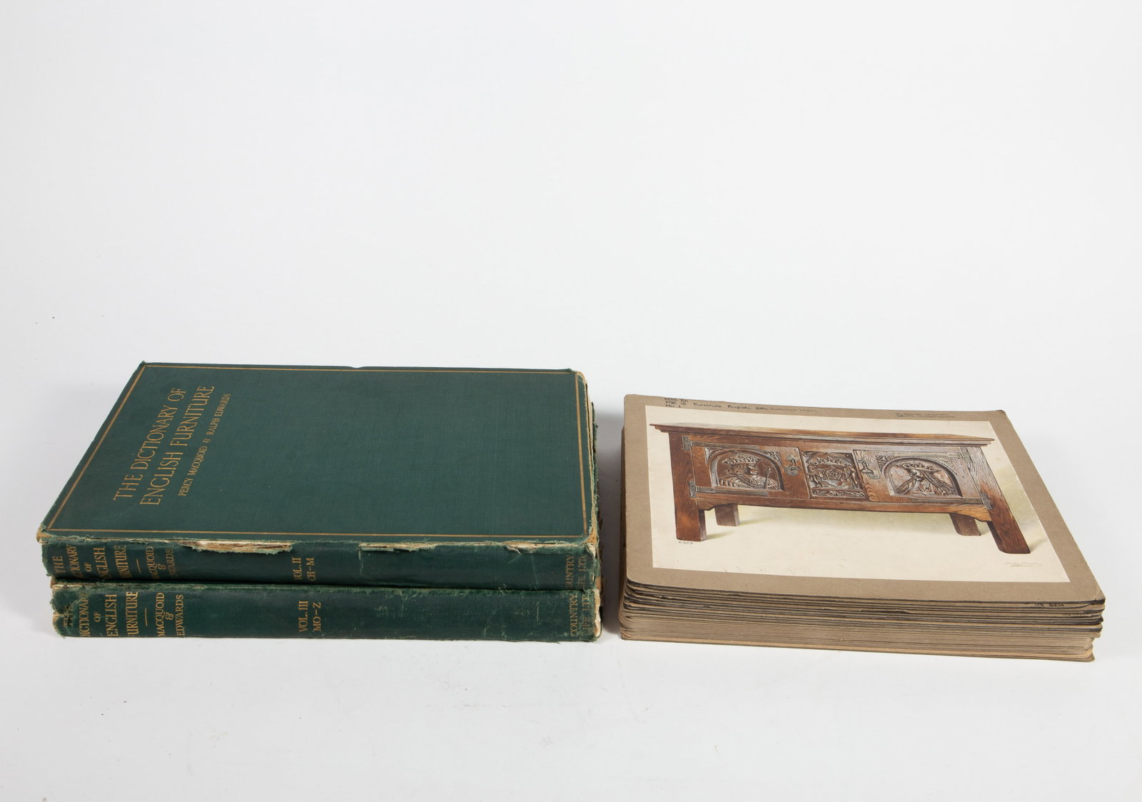 Lot: Macquoid & Edwards Furniture Books, etc.: This lot includes volumes two and three of "The Dictionary of English Furniture" by Macquoid & Edwards, as well as 32 furniture prints from the Ryerson Library at the Art Institute of Chicago. The