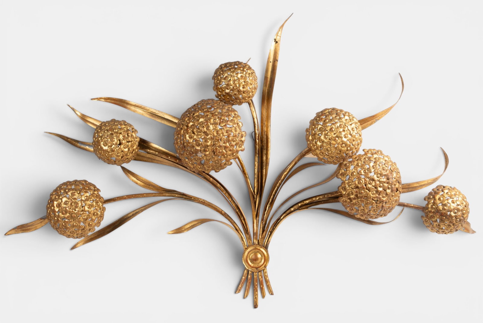 Vintage Palladio Italy Hydrangea Flower Sculpture: The gilded metal sculpture from circa 1970's depicts a bouquet of 7 hydrangea flowers among foliage. It measures 29 1/2" tall, 46" wide, and up to 7 1/4" deep. There are some gild chips and scratches