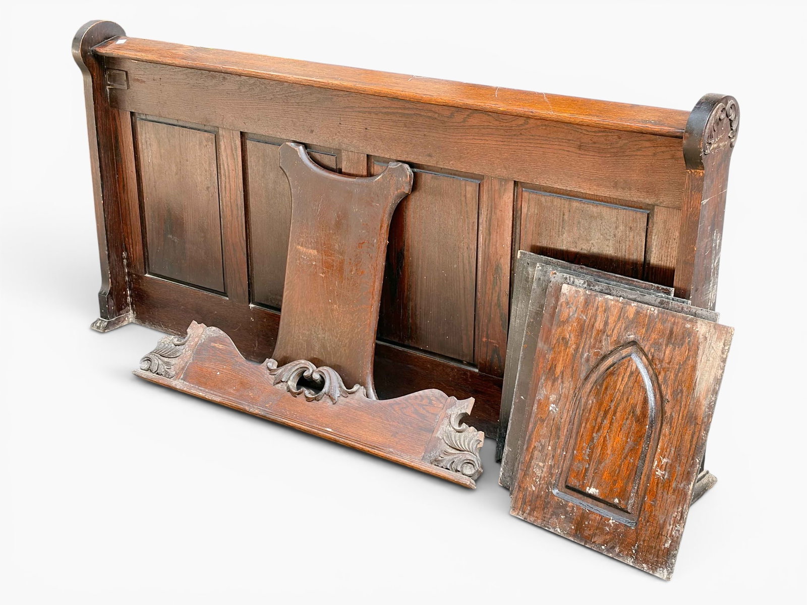 Gothic Revival Carved Church Pew Elements & More.: The elements are 4 rectangles with the same carvings as those on the pew front, a pediment with scrolls and foliage carvings and a panel with stylized corners (please see photos for all items