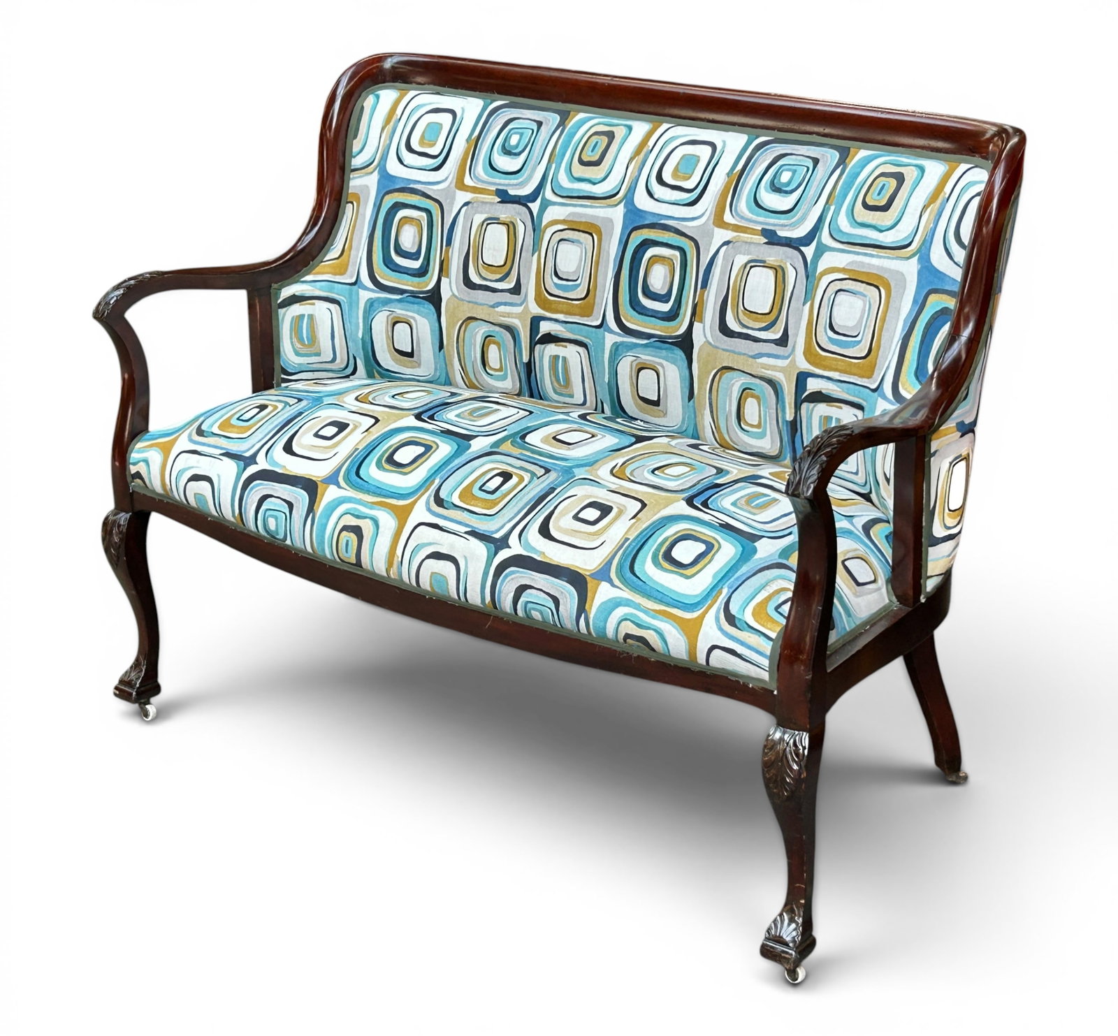 Carved Mahogany Victorian / MCM Fabric Settee. (1 of 6)