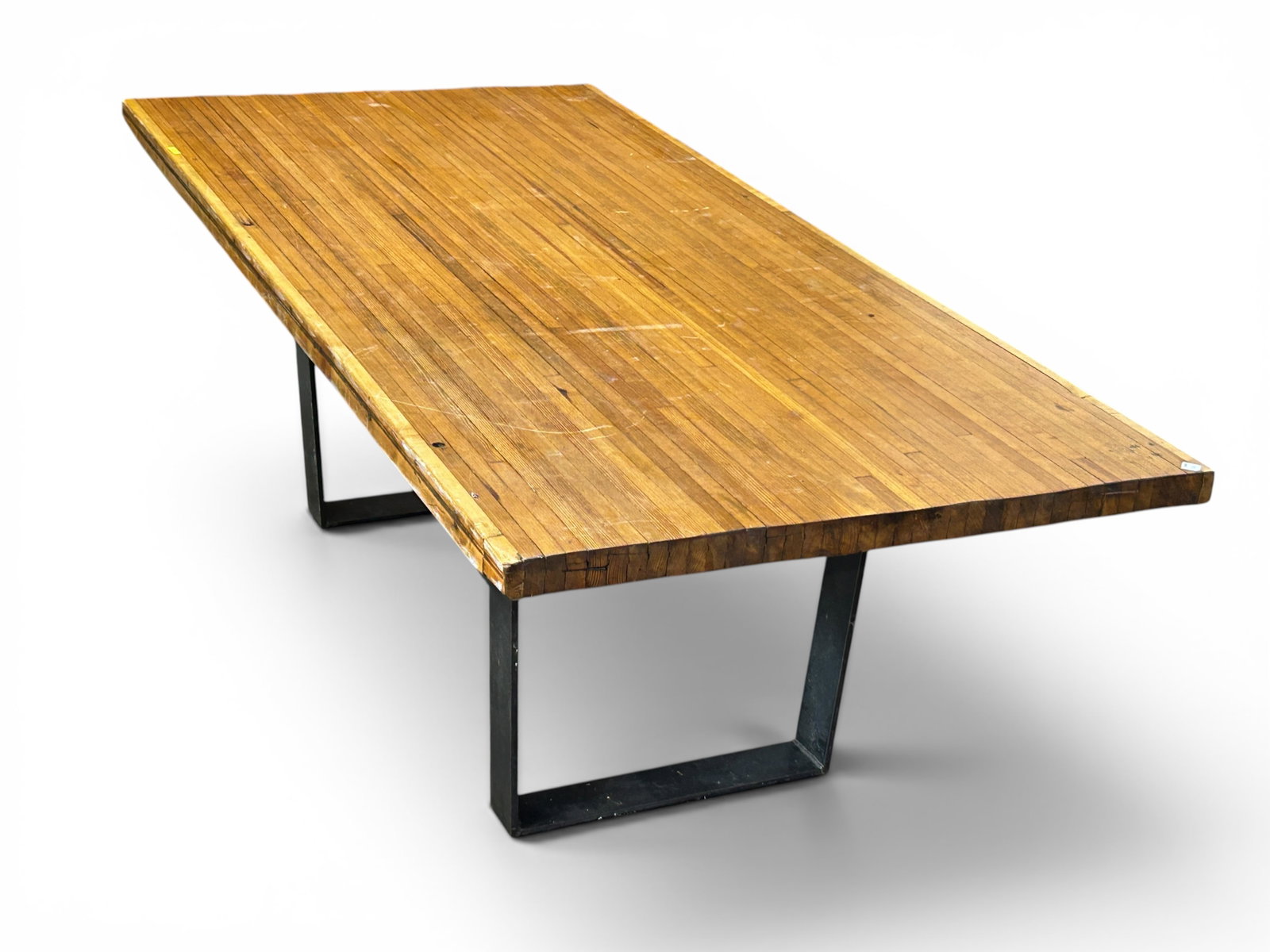Large Rustic Reclaimed Wood Table w/ Metal Legs.: The large table or workbench has heavy black solid metal industrial style legs and a top composed of joined 2" x 1" wood strips. The table measures 30 1/2" tall, 89" wide, and 42 1/2" deep. There are 