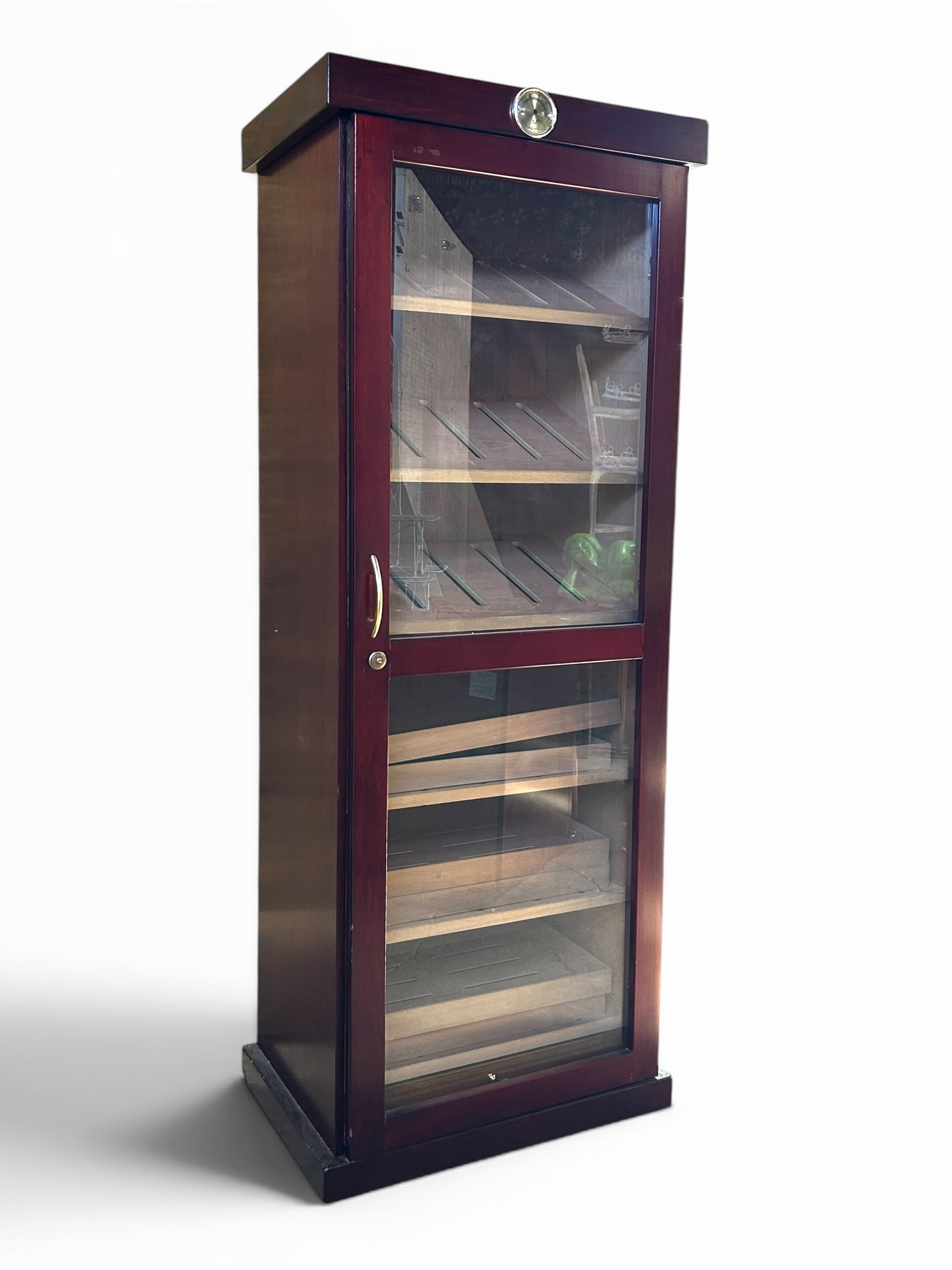 Barbatus 2000 Cigar Humidor Cabinet.: The unsigned large capacity cabinet is attributed to Barbatus. It features a glass door with 6 removable trays, 6 stationary shelves, and 2 drawers. The cedar trays and shelves are all intact. It has 