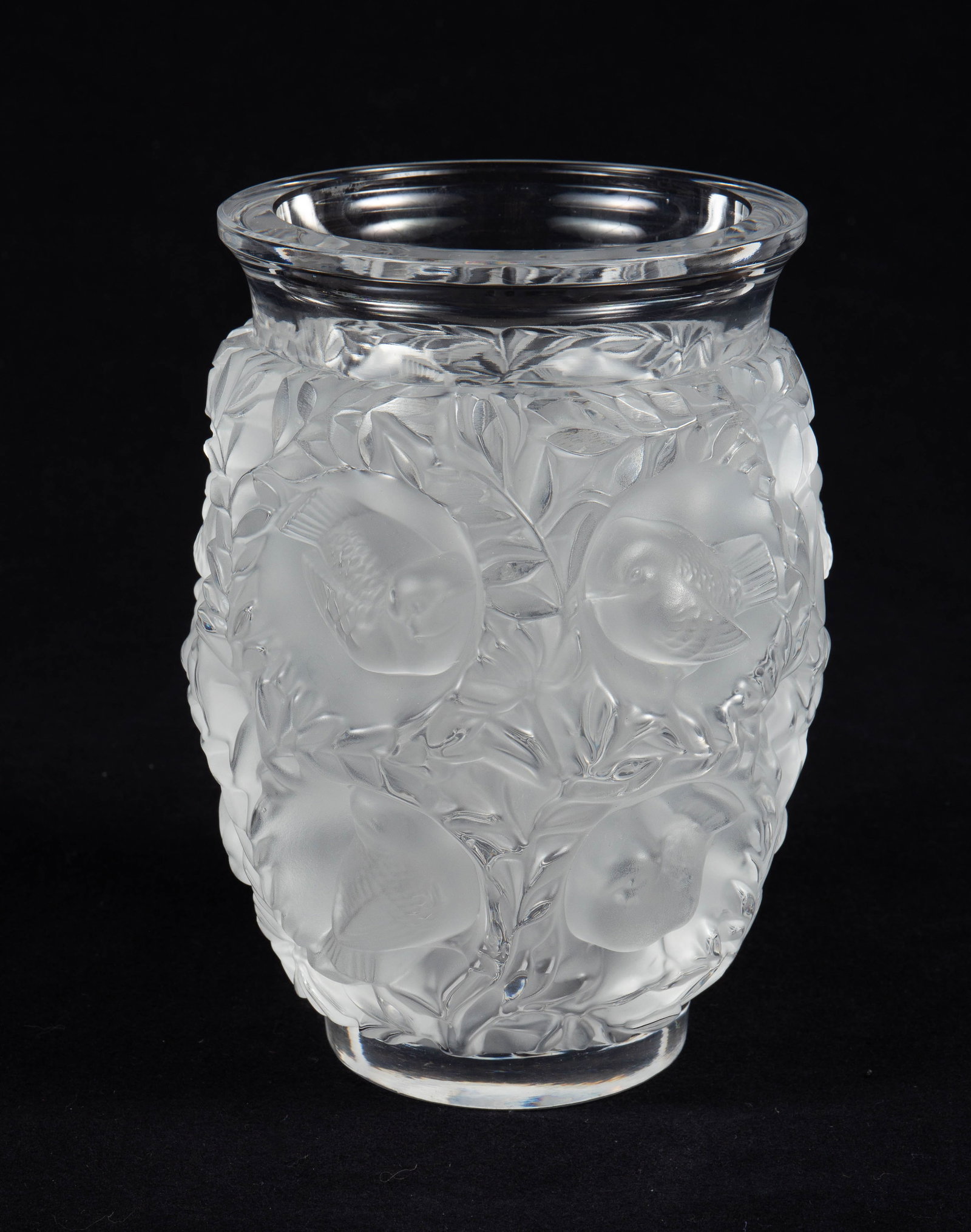 Lalique France "Bagatelle" Crystal Sparrow Vase.: Overall, it looks to be in very nice condition, with some minor residue in the crevices. The dimensions are 4 3/4" x 4 3/4" x 6 3/4". In-house shipping is available. Please see our website regarding