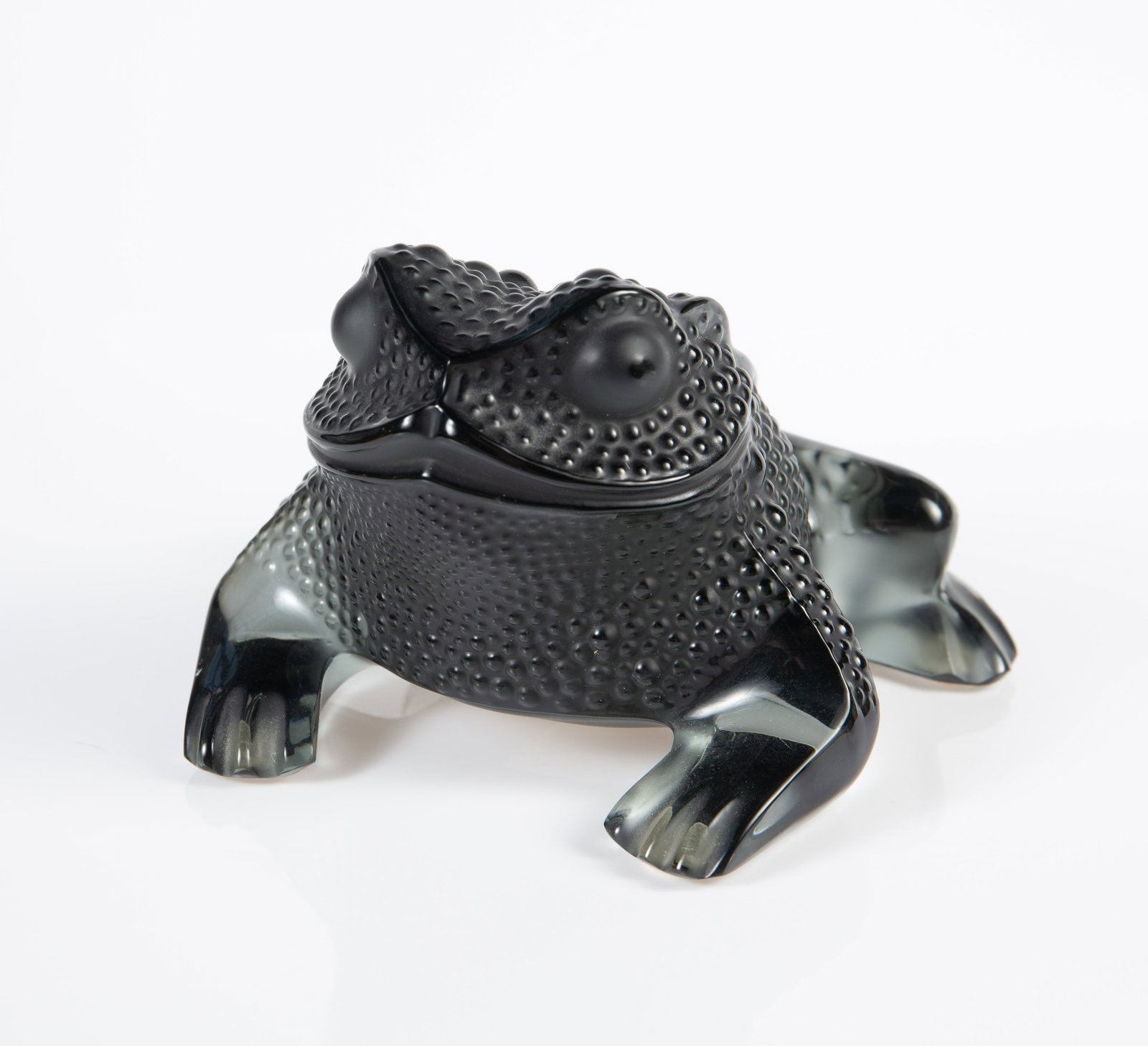 Lalique Crystal Toad Figure, Gregorie, Black.: The crystal figure is signed Lalique France on the underside, and a Lalique Paris sticker on the back edge. It measures 3 1/8" tall, 4 3/4" wide, and 4 1/2" deep. There is one small scratch on the
