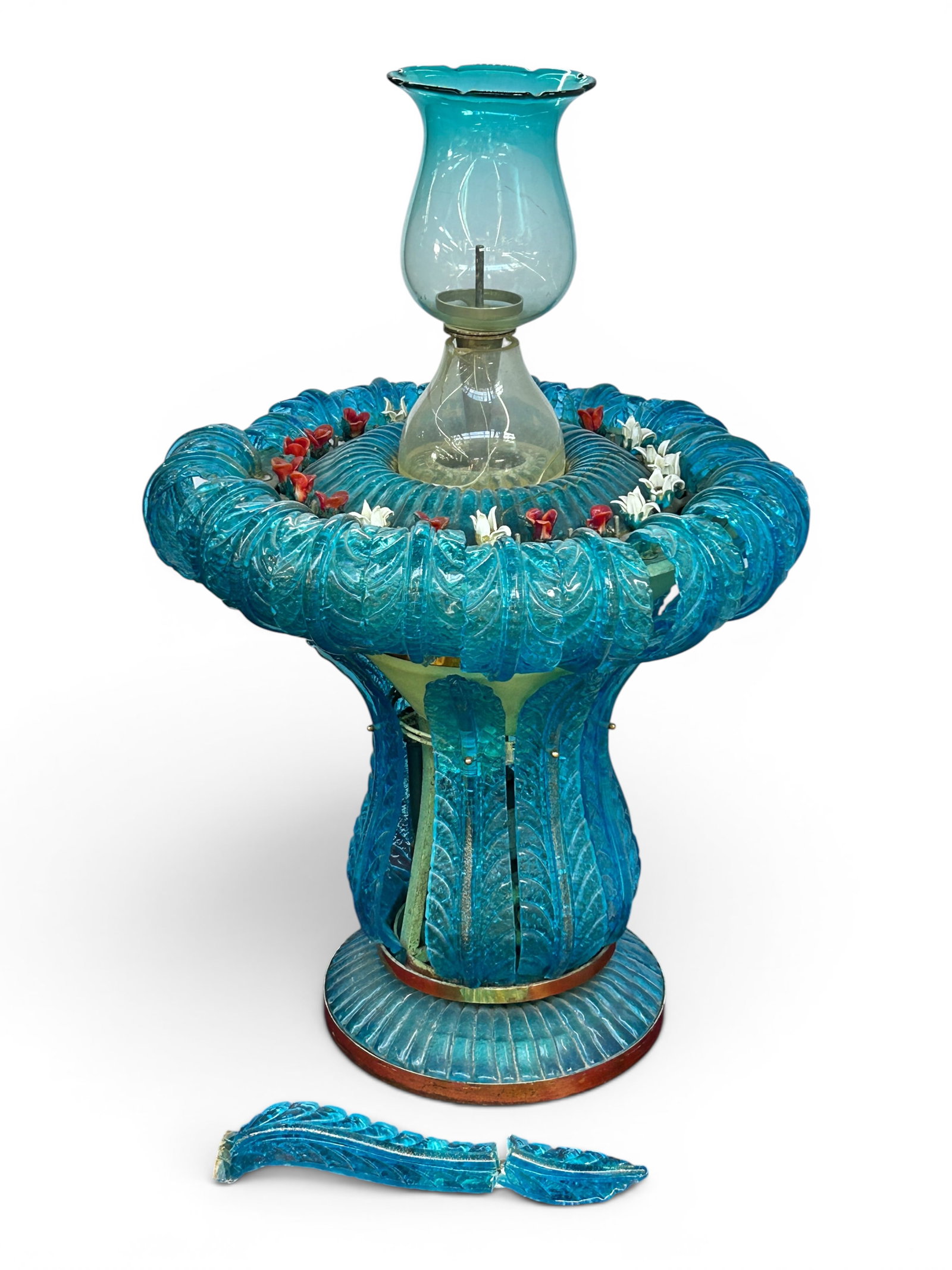 Vintage Murano Glass Fountain - AS IS.: The vintage indoor fountain was imported from Italy in the 1960's. It was likely created by the Gino Cenedese studio. It is composed of blue glass curved leaf panels, a ribbed base with brass