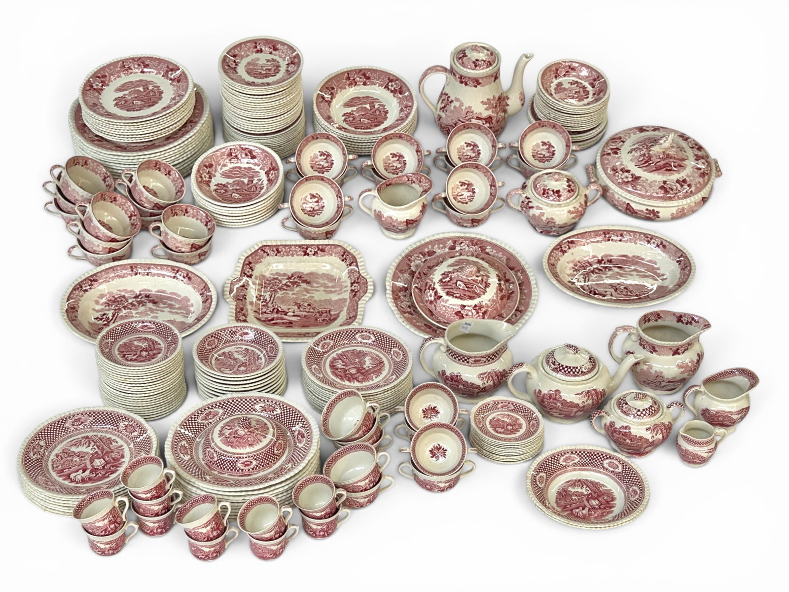 Huge Lot of Adams Red Transferware Ironstone China: The lot contains over 220 items in the Cattle Scenery and Rural Scenes designs. There are 23 dinner plates, 8 luncheon plates, 22 salad plates, and 26 bread plates. Next, there are 10 soup bowls, 19