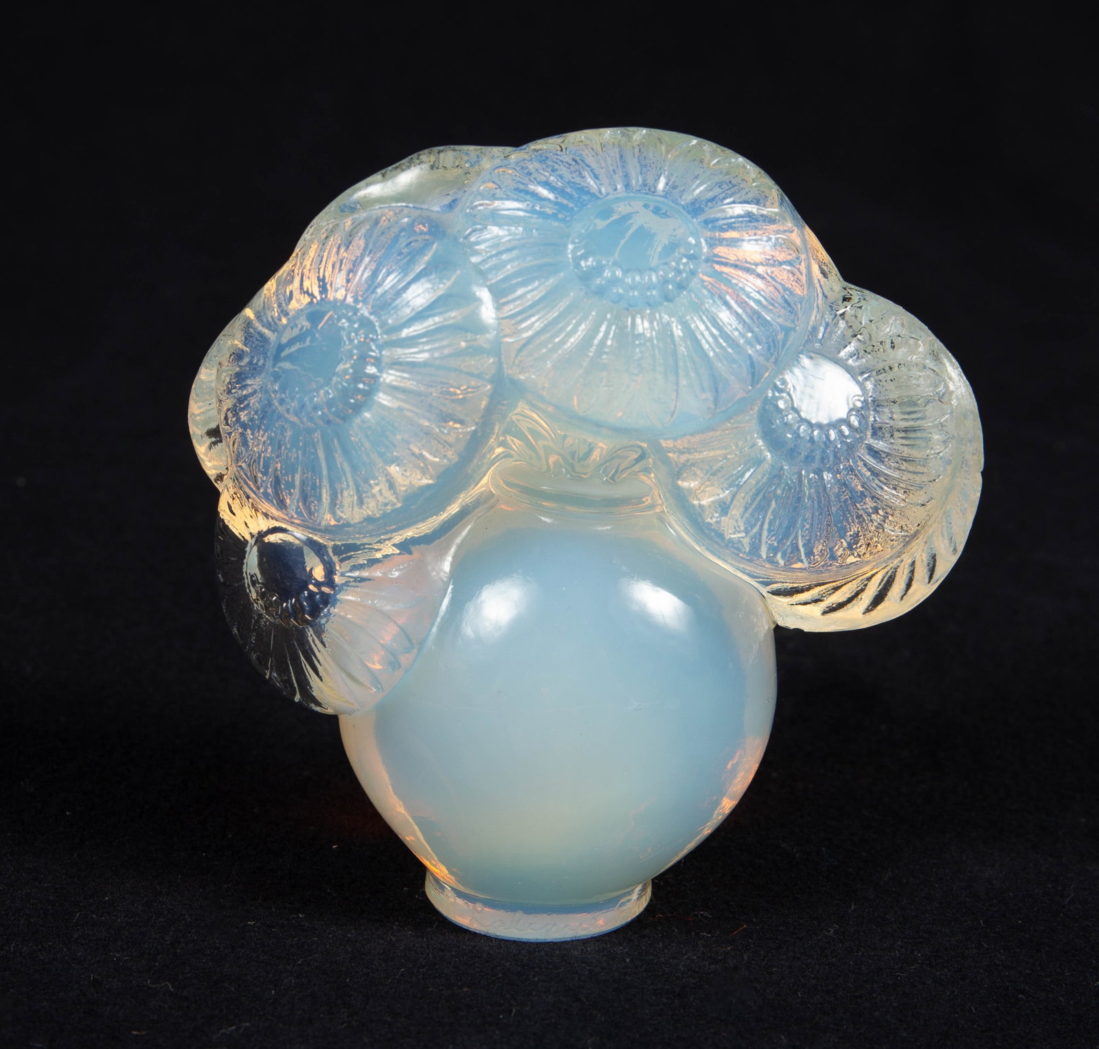 R. Lalique Opalescent Soucis Seal or Paperweight.: Overall, it looks to be in nice condition. There may be a small nick along the edge of one of the flowers, though it also could be a line that extends from one of the petals. The dimensions of the