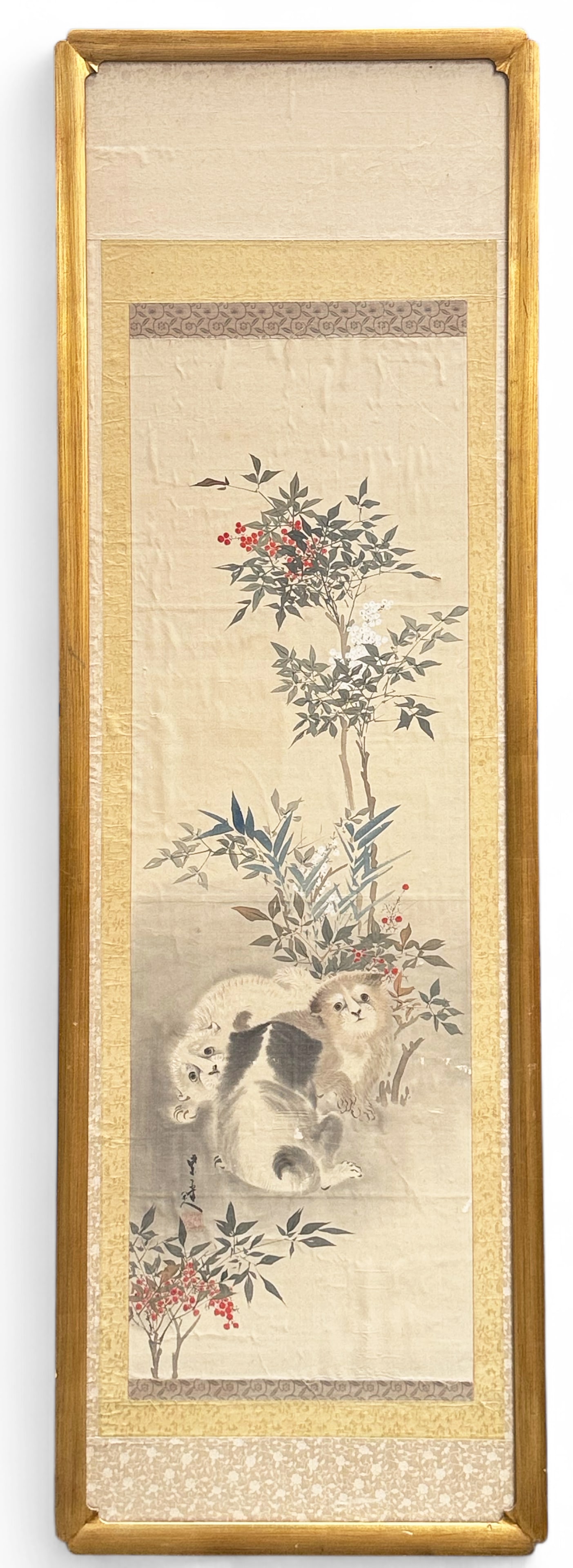 Japanese Ink & Color Painting on Silk, Artist Sgd.: The painting depicts what appears to be three puppies and some flowers and foliage. The silk has a 3" scratch on one side, a few other scuffs and scratches, and some bubbling and seams showing from