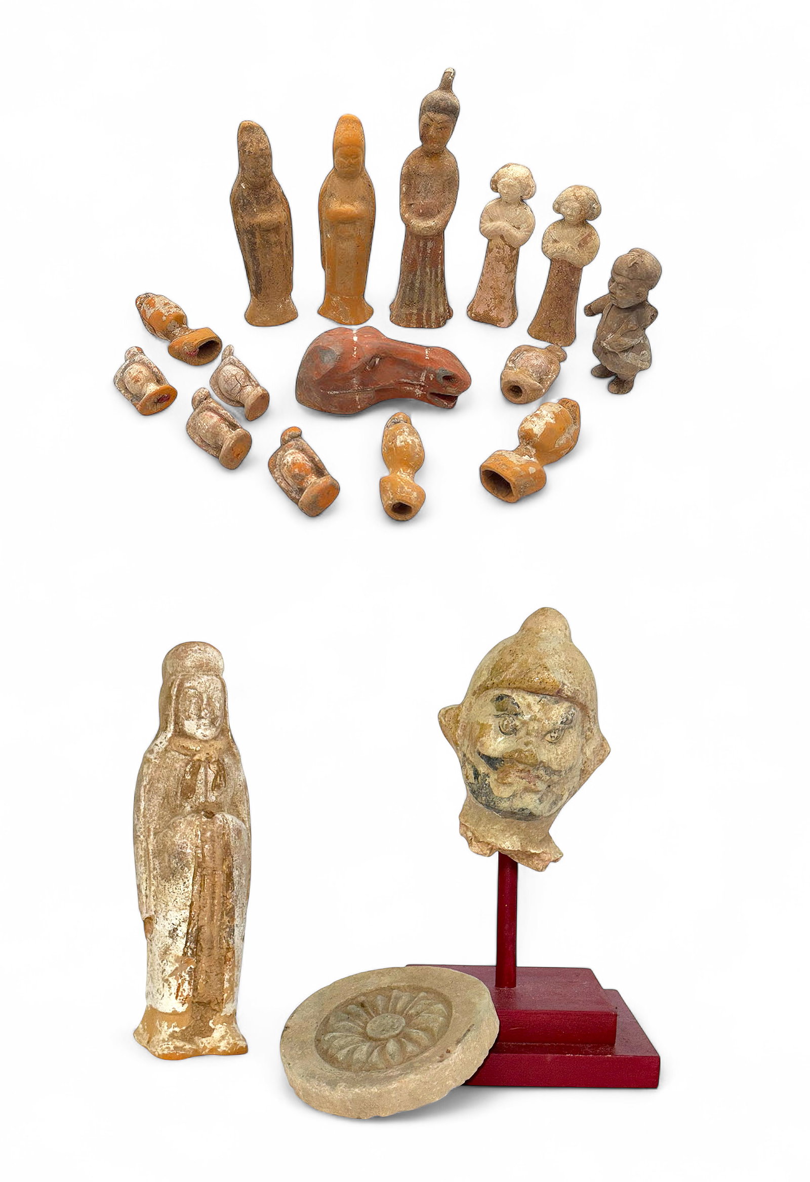 Lot of Chinese Terra Cotta Figures, Etc.: Most of the pieces are in good overall condition, with wear to use. The largest figure measures 9 3/8" tall, 2 5/8" wide, and 2 3/4" deep. A few of the items have wax seals on them. In-house shipping