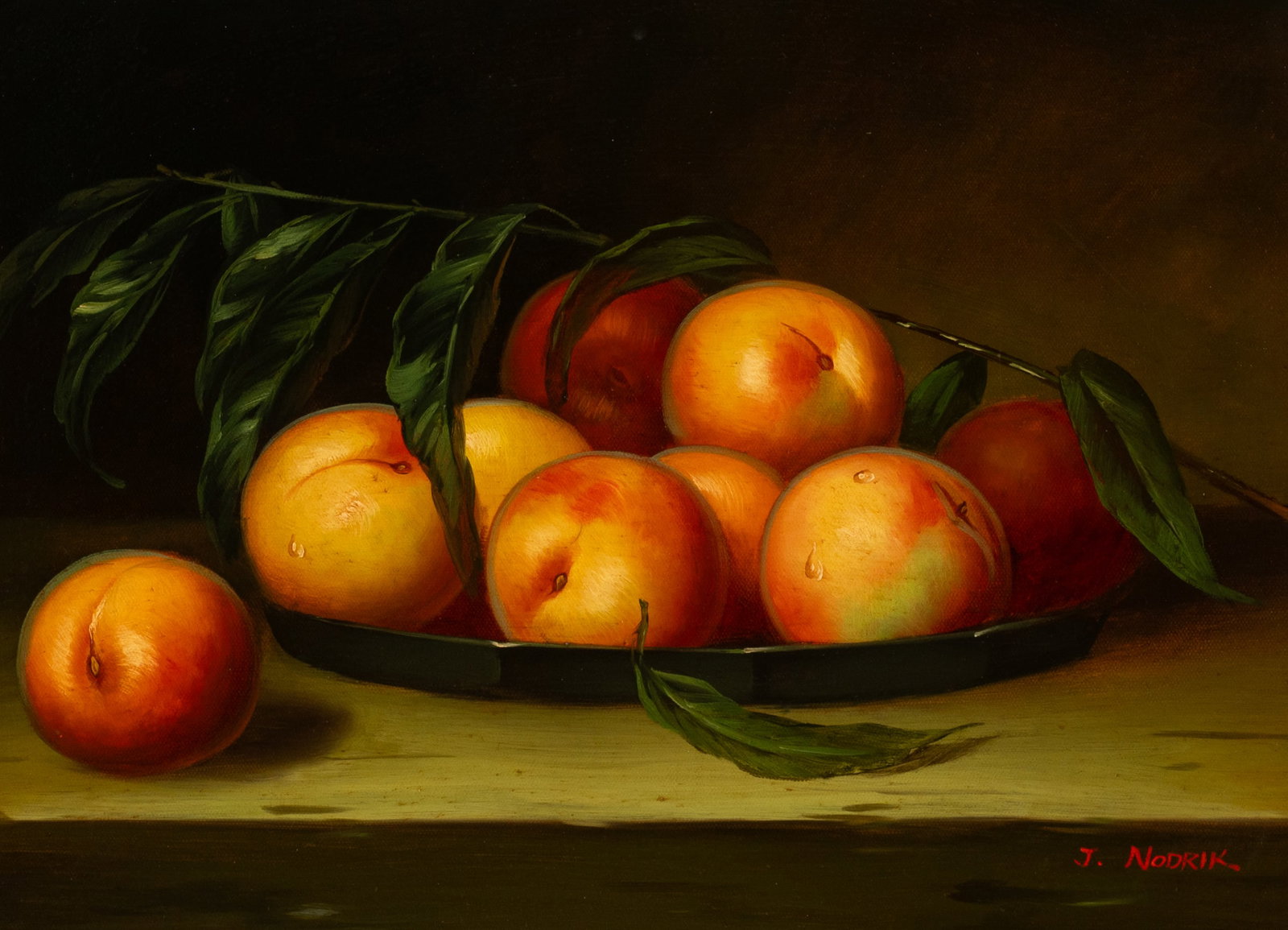 Decorative Still Life Painting of Fruit, J. Nodrik: Artist(s): J. Nodrik (20th Century). Medium: Oil on canvas. Signature(s): "J. Nodrik", lower right. Paperwork/Provenance: N/A Condition: No visible damage to the work. Minor wear to the corners of