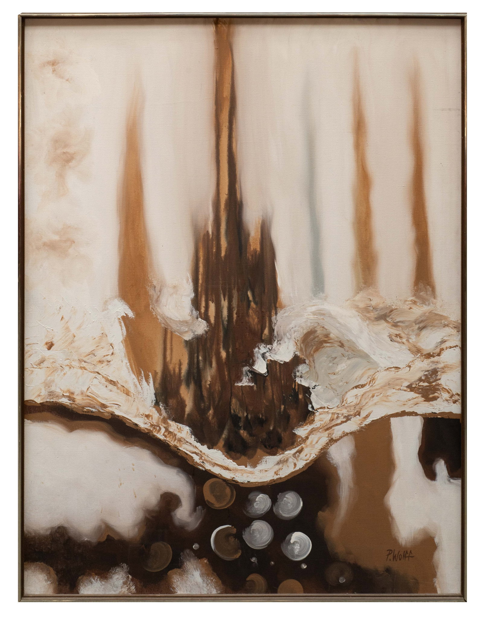 Large Mid-Century Abstract Painting, P. Wolff.: Artist(s): P. Wolff (20th Century), "Earth Form". Medium: Oil painting on canvas. Signature(s): Lower right. Paperwork/Provenance: N/A Condition: Signs of surface grime to the work. Scuffs to the