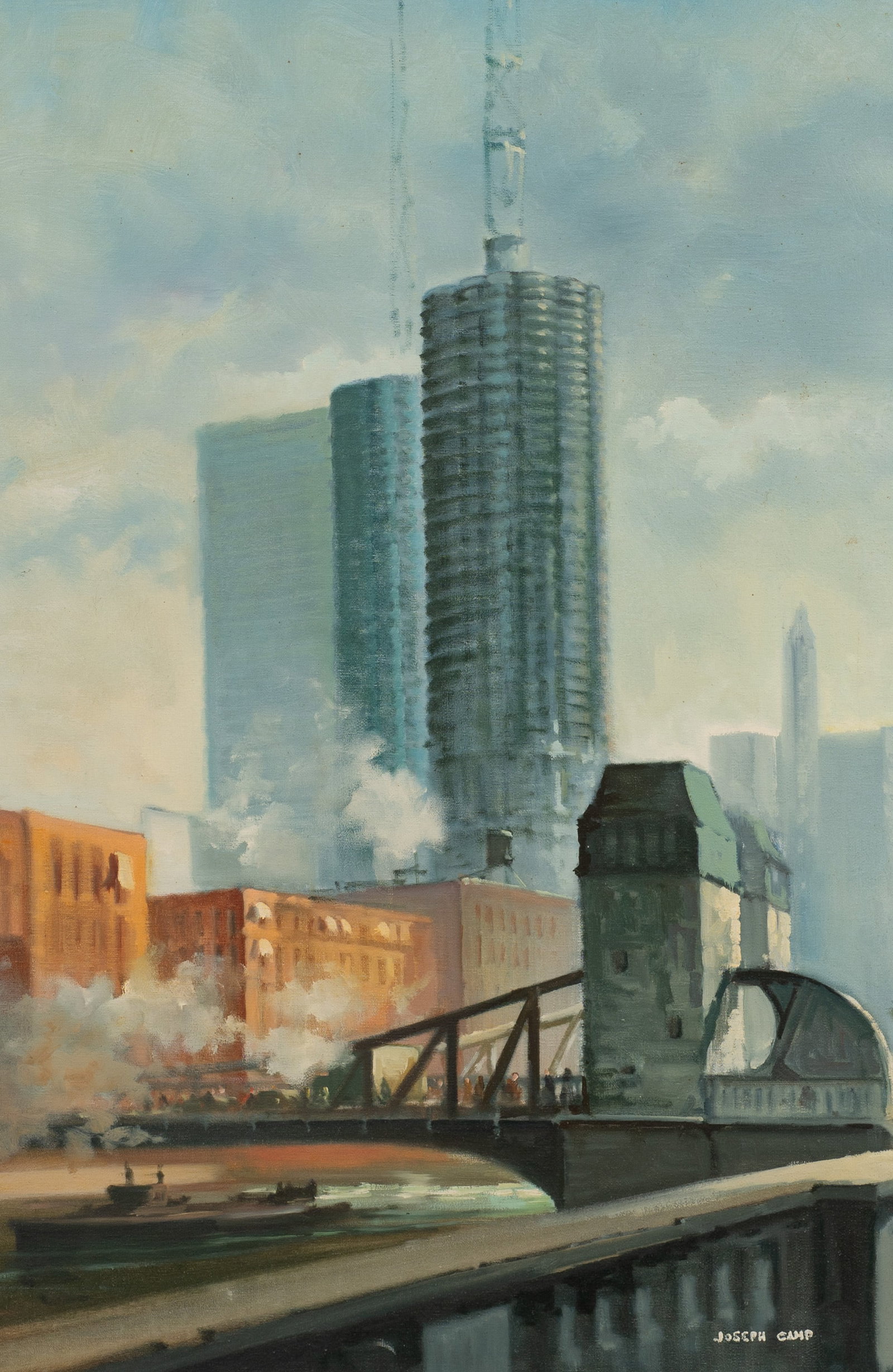 Painting of Chicago's Marina City by Joseph Camp.: Artist(s): Joseph Camp (20th/21st Century). Medium: Oil painting on canvas. Signature(s): Lower right. Paperwork/Provenance: N/A Condition: Surface grime, as well as a few scuffs to the lower margin.