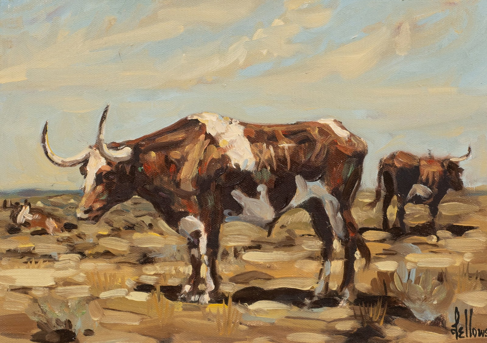Painting of Longhorn Cattle by Fred Fellows.: Artist(s): Fred Fellows (American, b. 1934). XIT Cattle Ranch, Texas. Medium: Oil painting on canvas. Signature(s): Lower right. Paperwork/Provenance: N/A Condition: Some signs of darkening varnish,