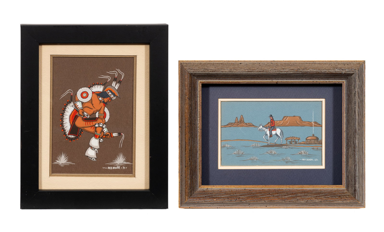 Two Native American Paintings by Fred Beaver.: Artist(s): Fred Beaver (Muscogee Creek-Seminole,1911-1980). Medium: Gouache paintings on paper. Signature(s): Both are signed and dated in their lower margins. They are dated from 1967 and 1971.