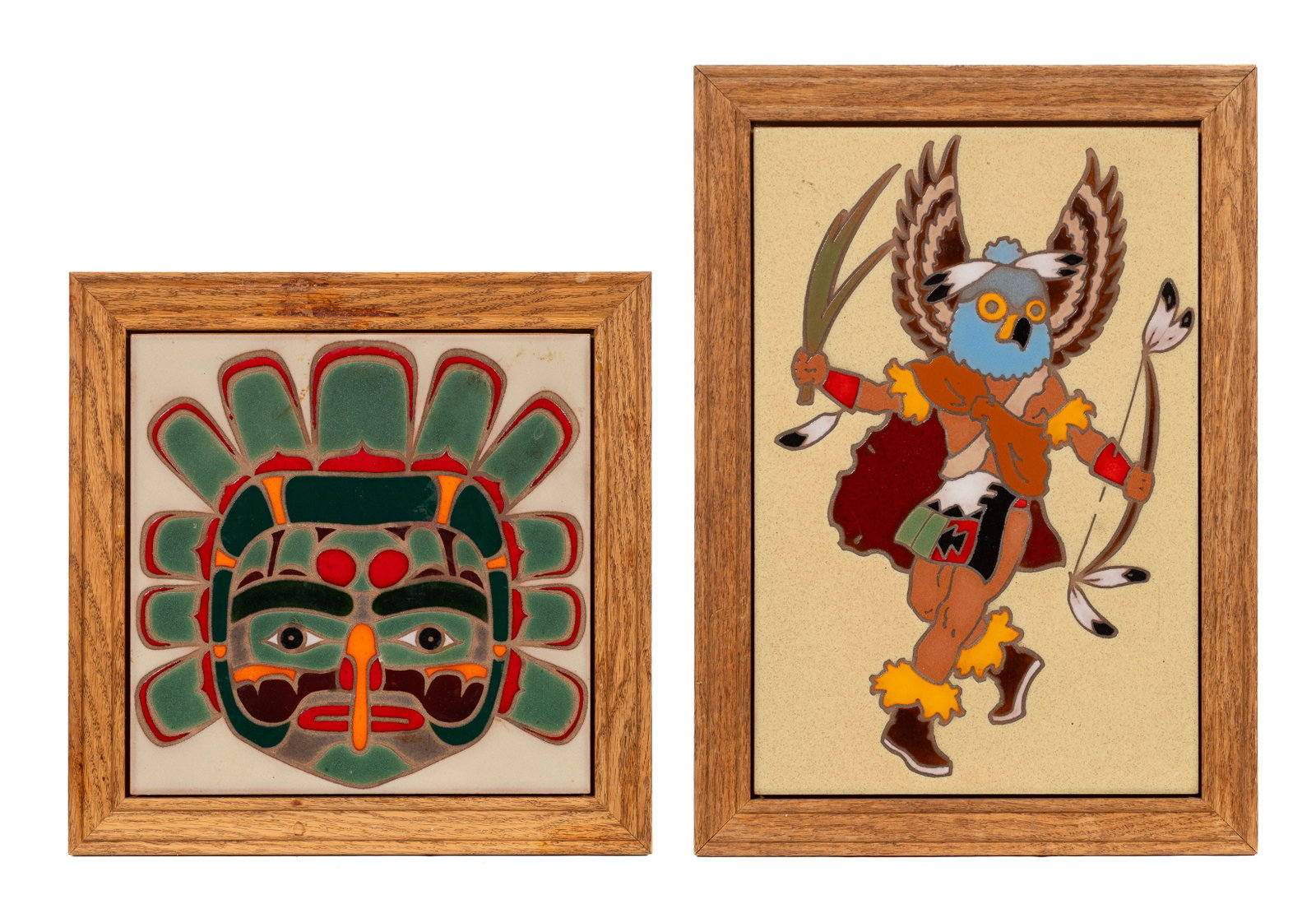 Two Native American Ceramic Tiles, Steve Tongier.: Artist(s): Steve Tongier (20th/21st Century). "Eagle Mask" and "Hopi... Kachina". Medium: Polychrome glazed ceramic tiles. Signature(s): Signed and titled en verso. Paperwork/Provenance: Both come