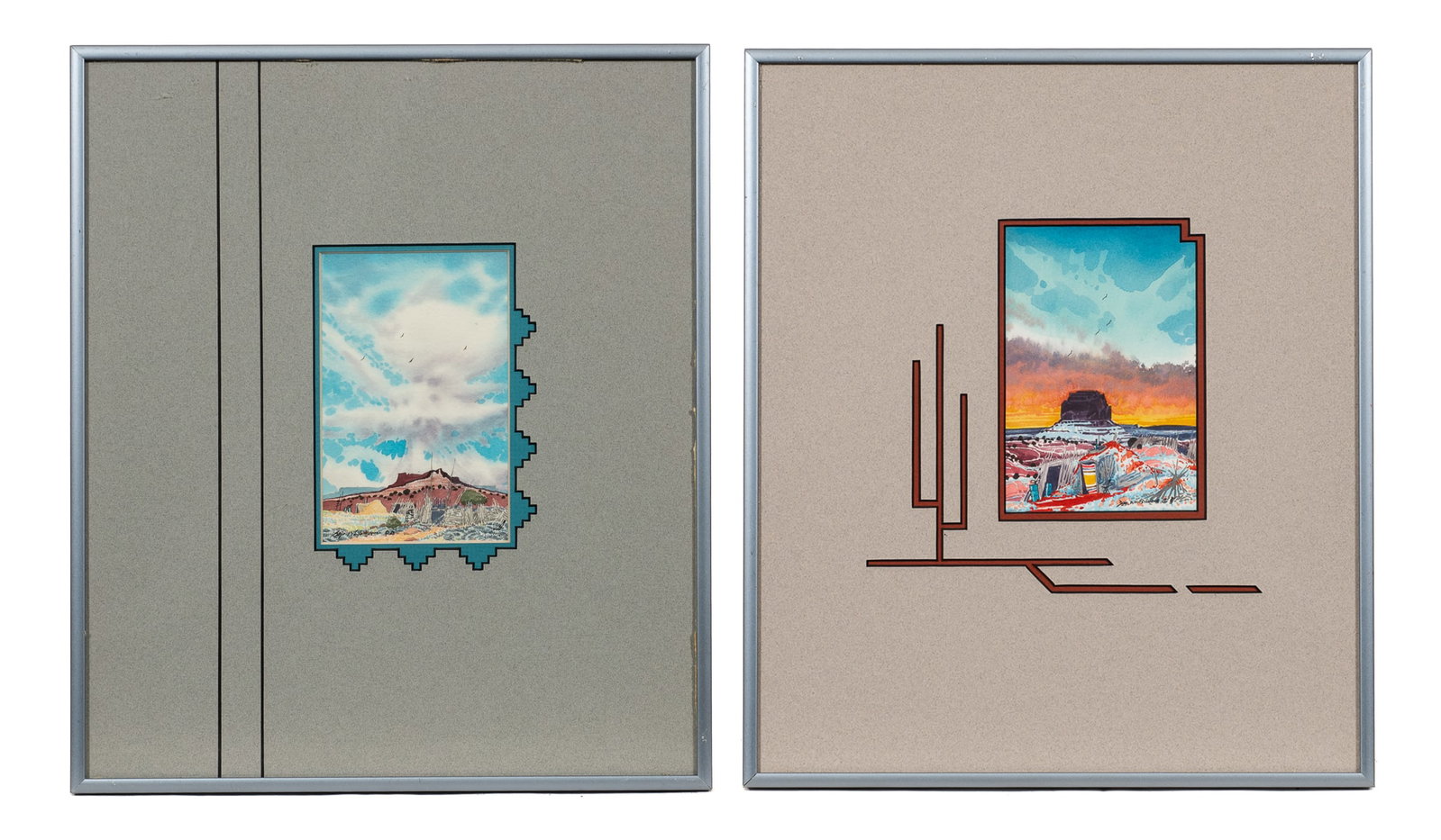 Western Landscape Paintings by Baje Whitethorne.: Artist(s): Baje Whitethorne (Dine / Navajo, b. 1950). Medium: Watercolor paintings. Signature(s): Both are signed in their lower margins. The paintings are dated from 1987 and 1988.