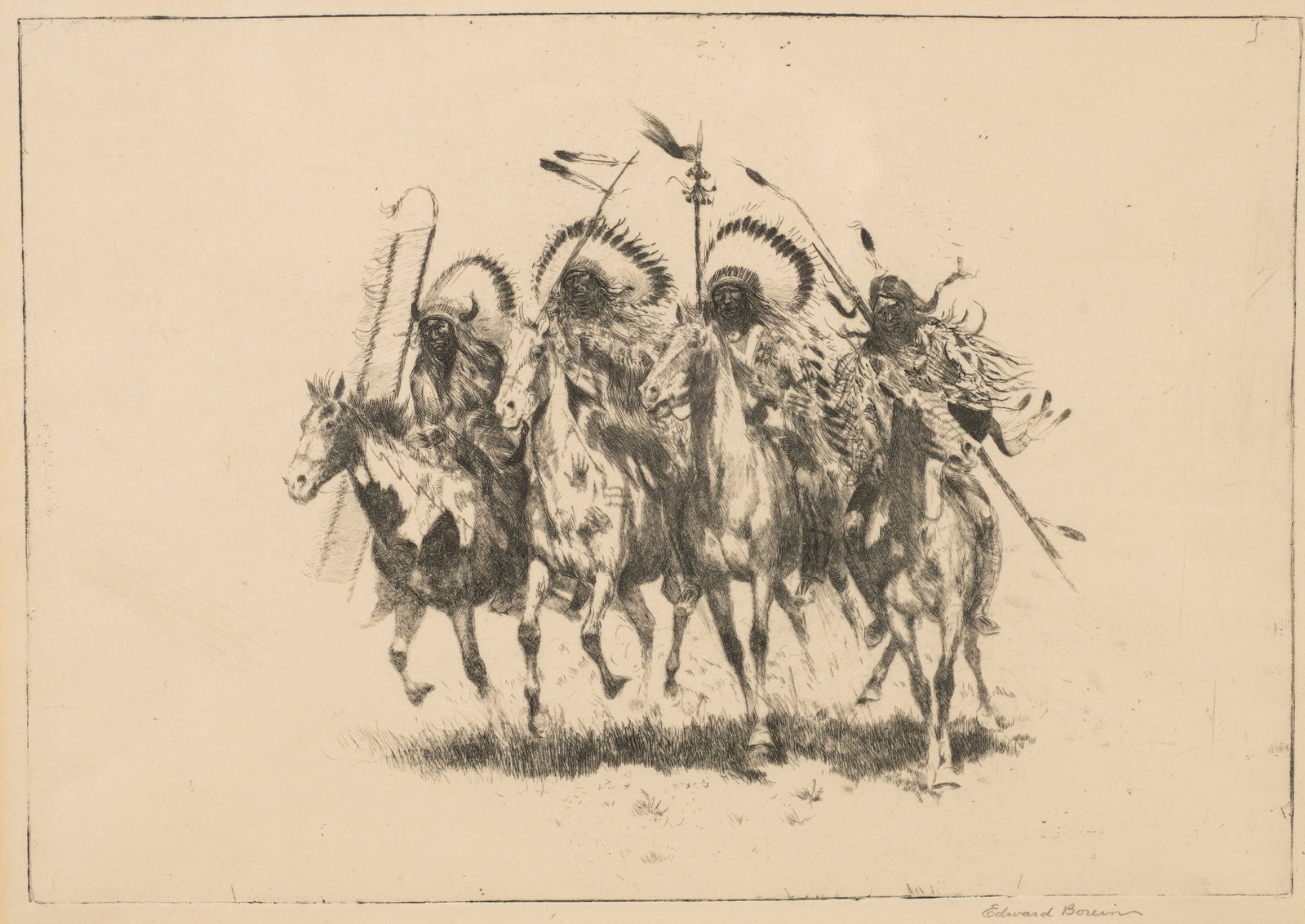 Edward Borein Etching, Buckskin and Feathers. (1 of 5)