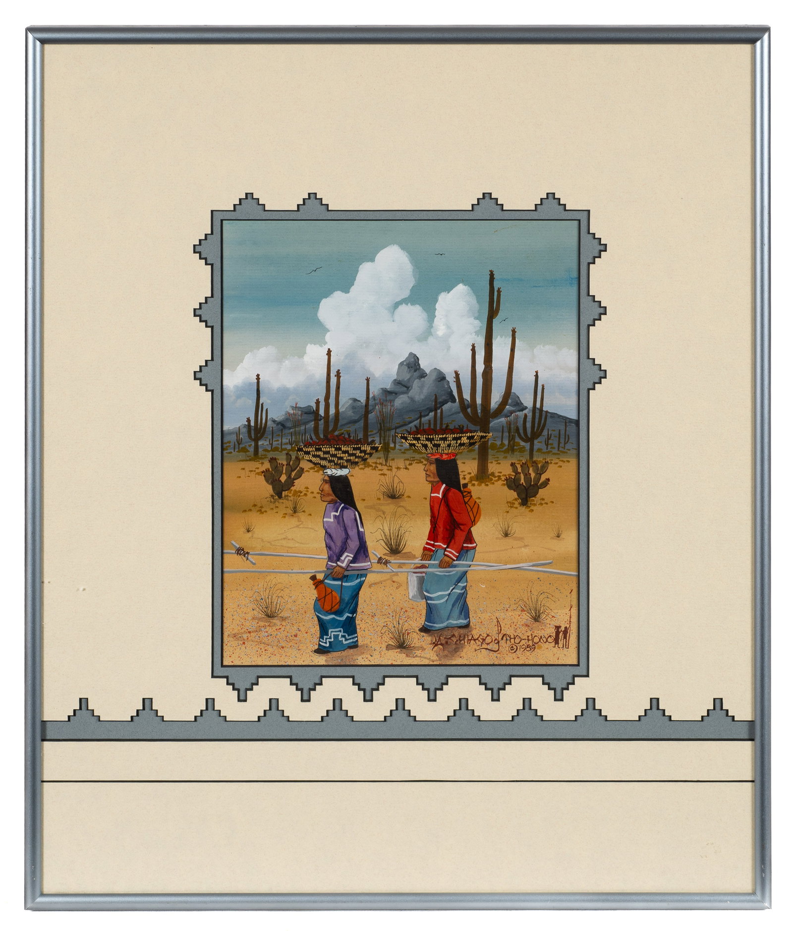 Fruit Harvest, Native American Painting, Chiago.: Artist(s): Michael Chiago (Tohono O'odham, b. 1946). Medium: Gouache painting. Signature(s): Signed and dated from 1989, lower right. Paperwork/Provenance: N/A Condition: Small line of discolroation