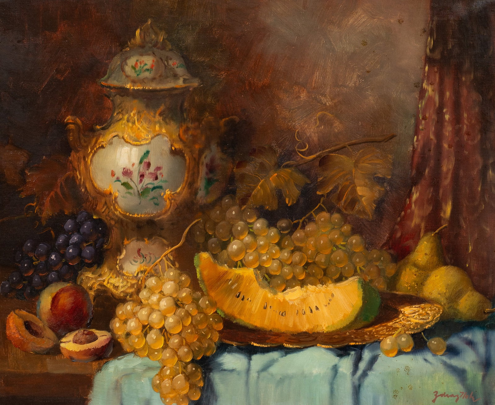 Still Life Painting of Fruits and Urn, Signed.: Artist(s): Unknown, 20th/21st Century. Medium: Oil painting on canvas. Signature(s): Illegibly, lower right. Paperwork/Provenance: N/A Condition: Surface grime and visible stretcher lines.