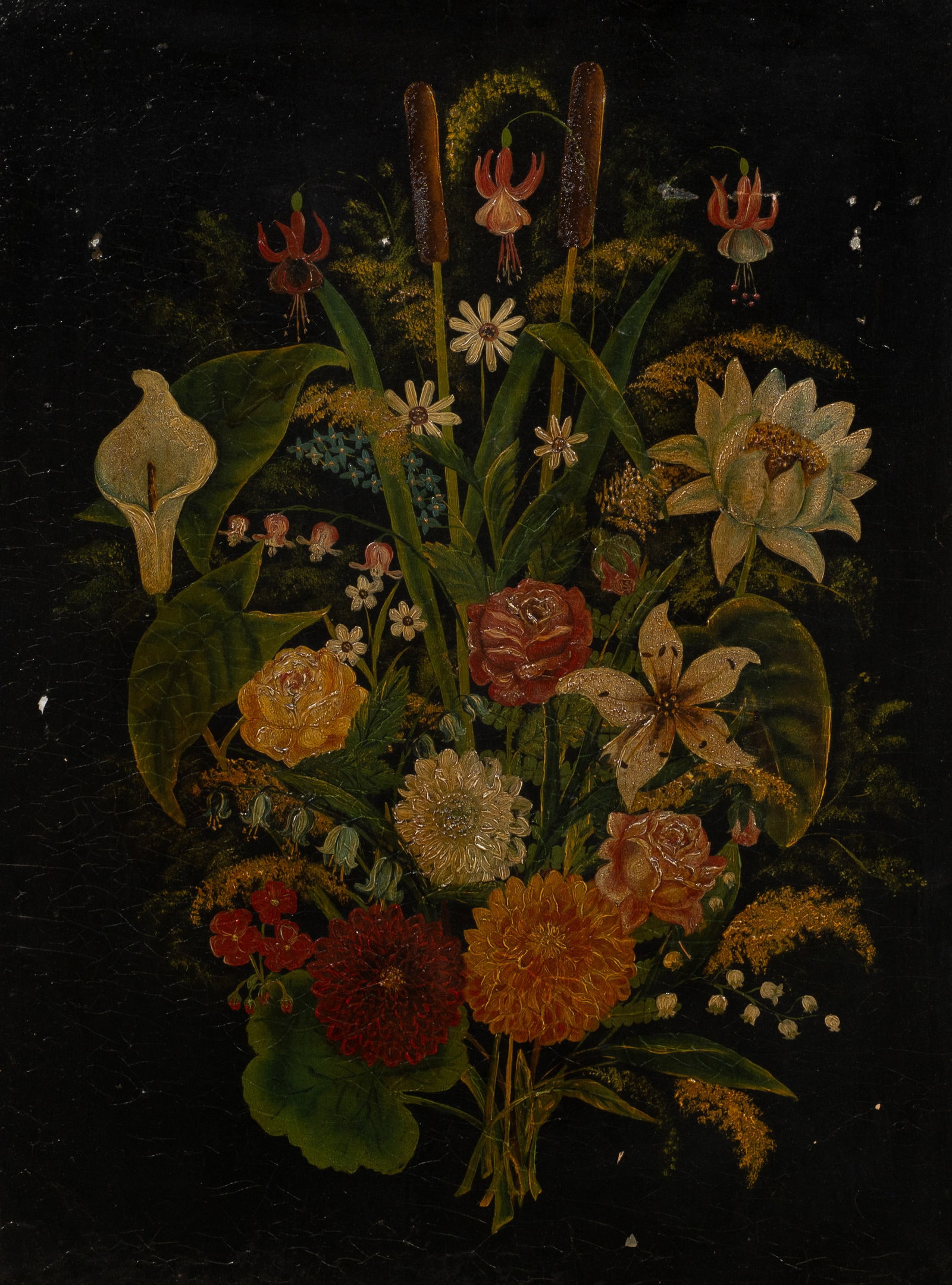 VIctorian Still Life Painting, Unsigned.: Artist(s): Unknown, 19th/20th Century. Medium: Oil painting on board. Signature(s): Unsigned. Paperwork/Provenance: N/A Condition: Craquelure and scattered scratches and paint loss. Measurement(s):