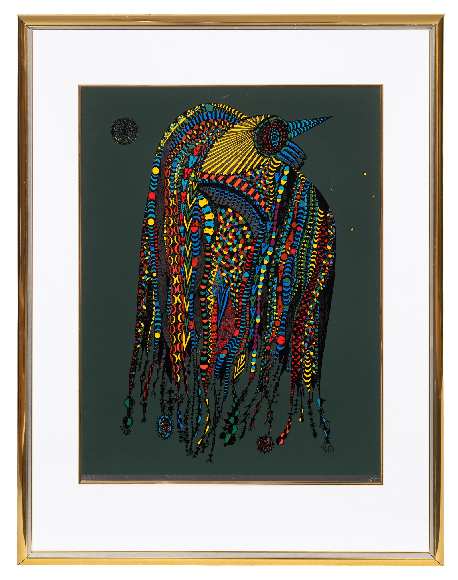 Bird, LE Serigraph by Ovadia Alkara.: Artist(s): Ovadia Alkara (Palestine, b. 1939). Medium: Serigraph in colors on metallic paper. Signature(s): Lower right. Numbered 54/200, lower left. Paperwork/Provenance: N/A Condition: Scattered