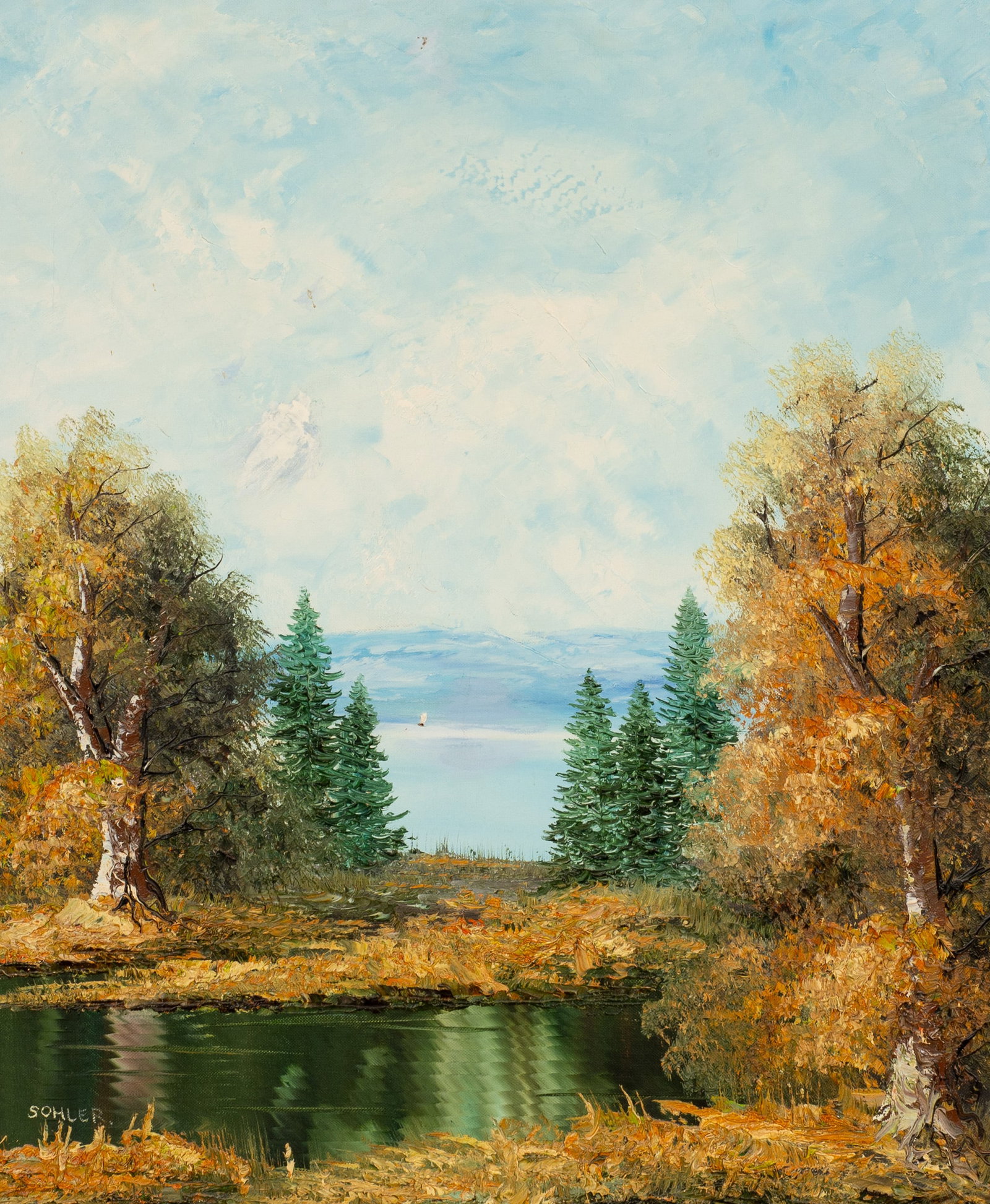 Autumnal Landscape Painting by Peter Sohler.: Artist(s): Peter Sohler (b. 1948). Medium: Oil painting on canvas. Signature(s): Lower left. Paperwork/Provenance: N/A Condition: Some signs of surface grime to the work. Scuffs and paint loss to the