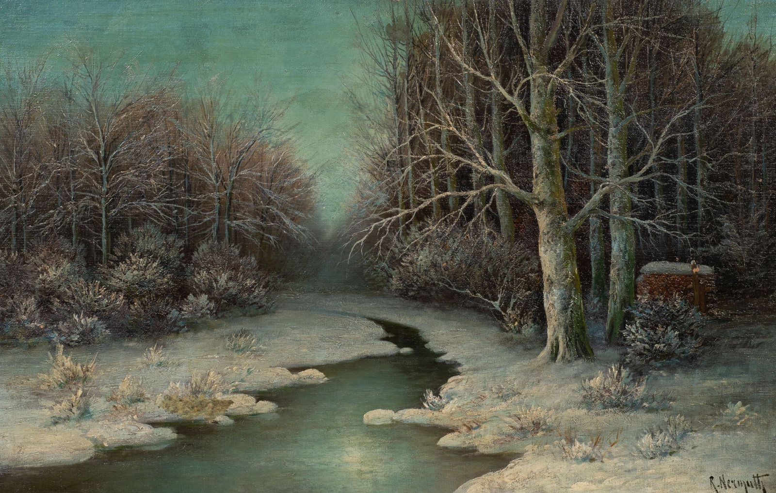 Antique Winter Landscape Painting, R. Nermuth.: Artist(s): R. Nermuth, ca. 19th/20th century. Medium: Oil painting on canvas board. Signature(s): Lower right. Paperwork/Provenance: N/A Condition: Age-related surface grime and signs of craquelure.