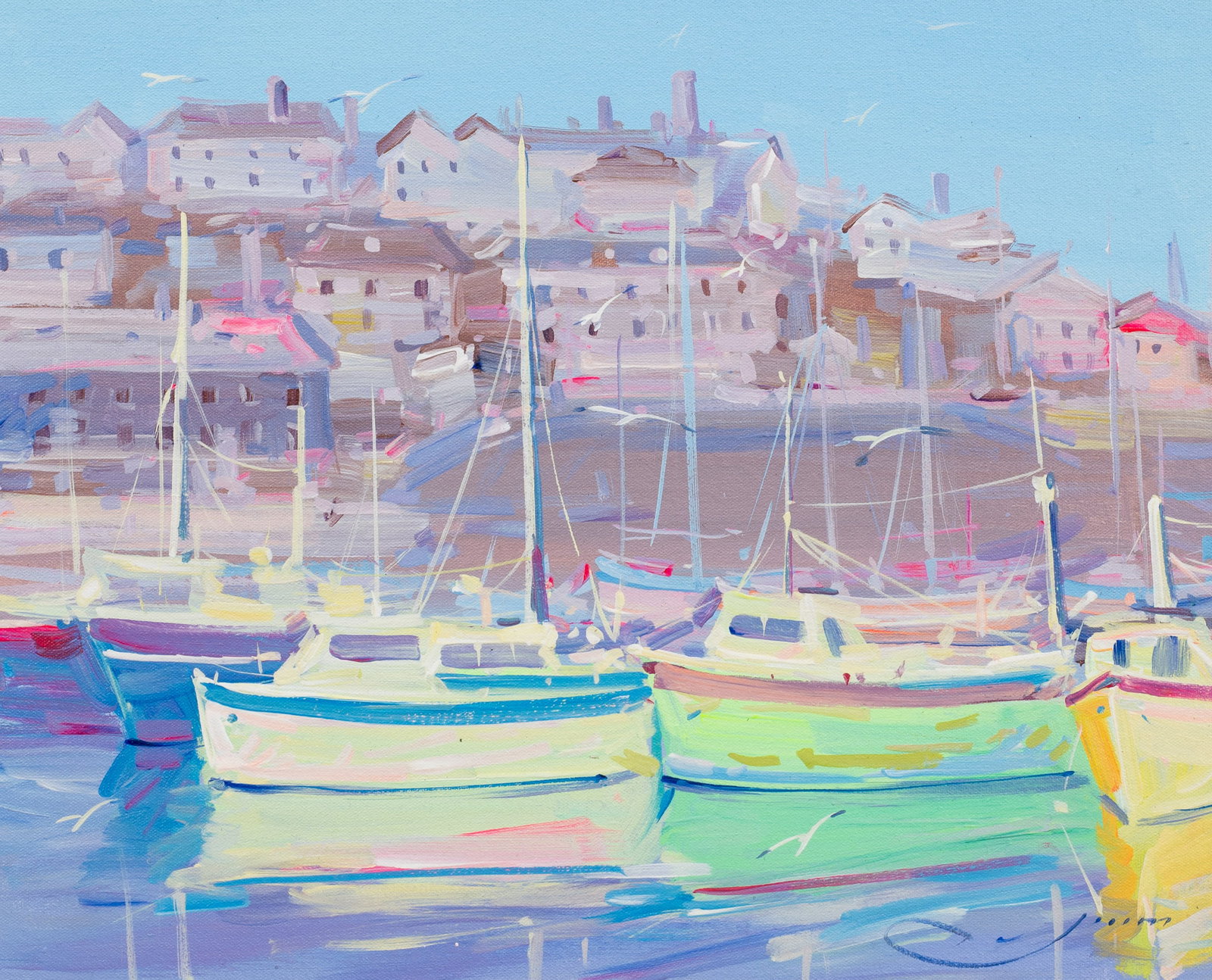 Sailboats at the Harbor, Vlad Yakerson.: Artist(s): Vlad Yakerson (20th/21st Century). Medium: Acrylic painting on canvas. Signature(s): Lower right. Paperwork/Provenance: N/A Condition: The painting is in good overall condition, with minor