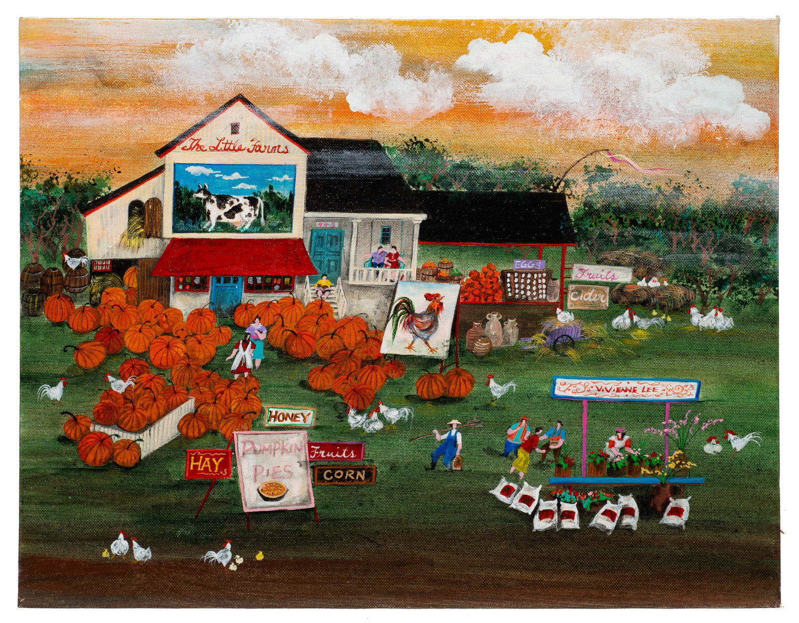 Autumnal Farmer's Market, Vivienne Lee.: Artist(s): Vivienne Lee (Chinese, 20th/21st century). Medium: Acrylic on canvas board. Signature(s): In the flower stand, lower right. Paperwork/Provenance: Attached en verso is an artist bio from Tom