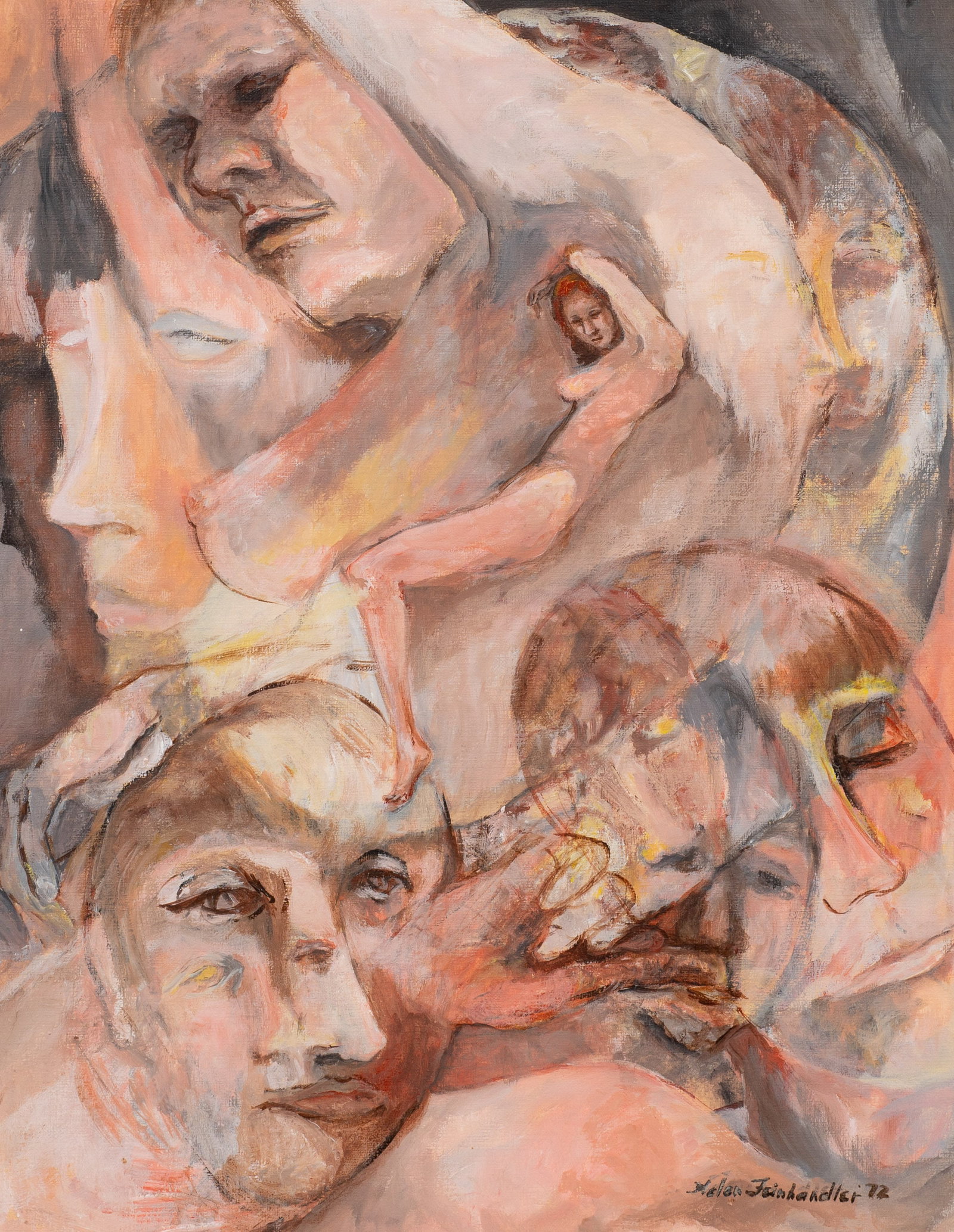 Vintage Nude Figural Painting, Helen Feinhandler.: Artist(s): Helen Feinhandler (American, 1923/4-2022). "A Woman", 1972. Medium: Acrylic painting on canvas board. Signature(s): Lower right. Paperwork/Provenance: Gallery tag attached en verso. Conditi