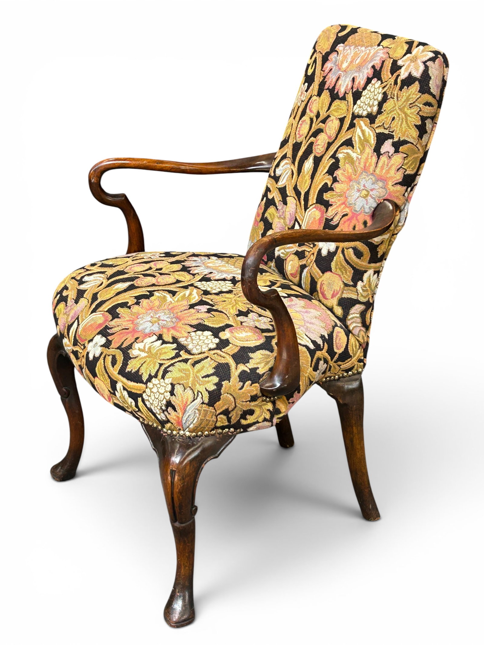 Antique Georgian Style Armchair.: This George I style chair has needlepoint tapestry upholstery with fruit patterns. It has cabriole front legs and a brass nailhead design. The mahogany frame has a few minor scratches. One of the