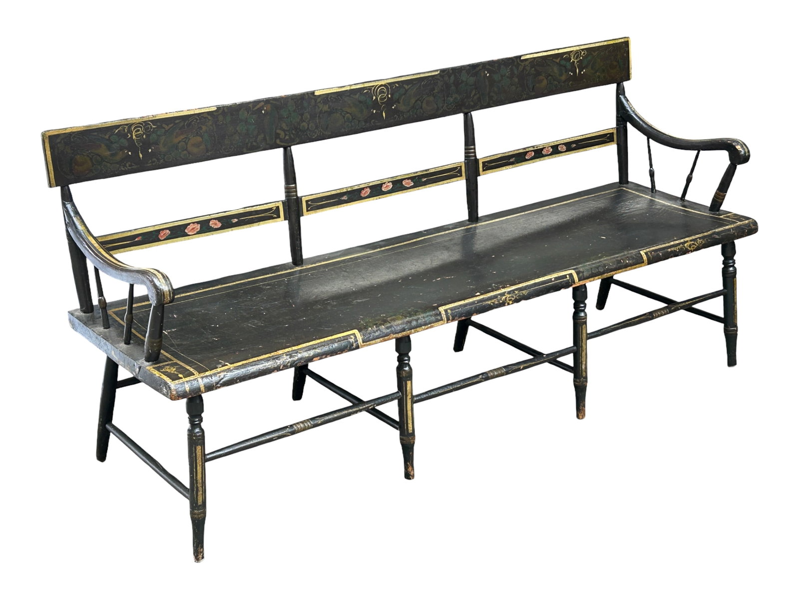 Antique Hitchcock Plank Seat Bench.: This primitive Hitchcock type bench has a high back splat with a spindle design, a black and gold finish, curved arms, spindle supports, and a stretcher base with round legs. There is some paint