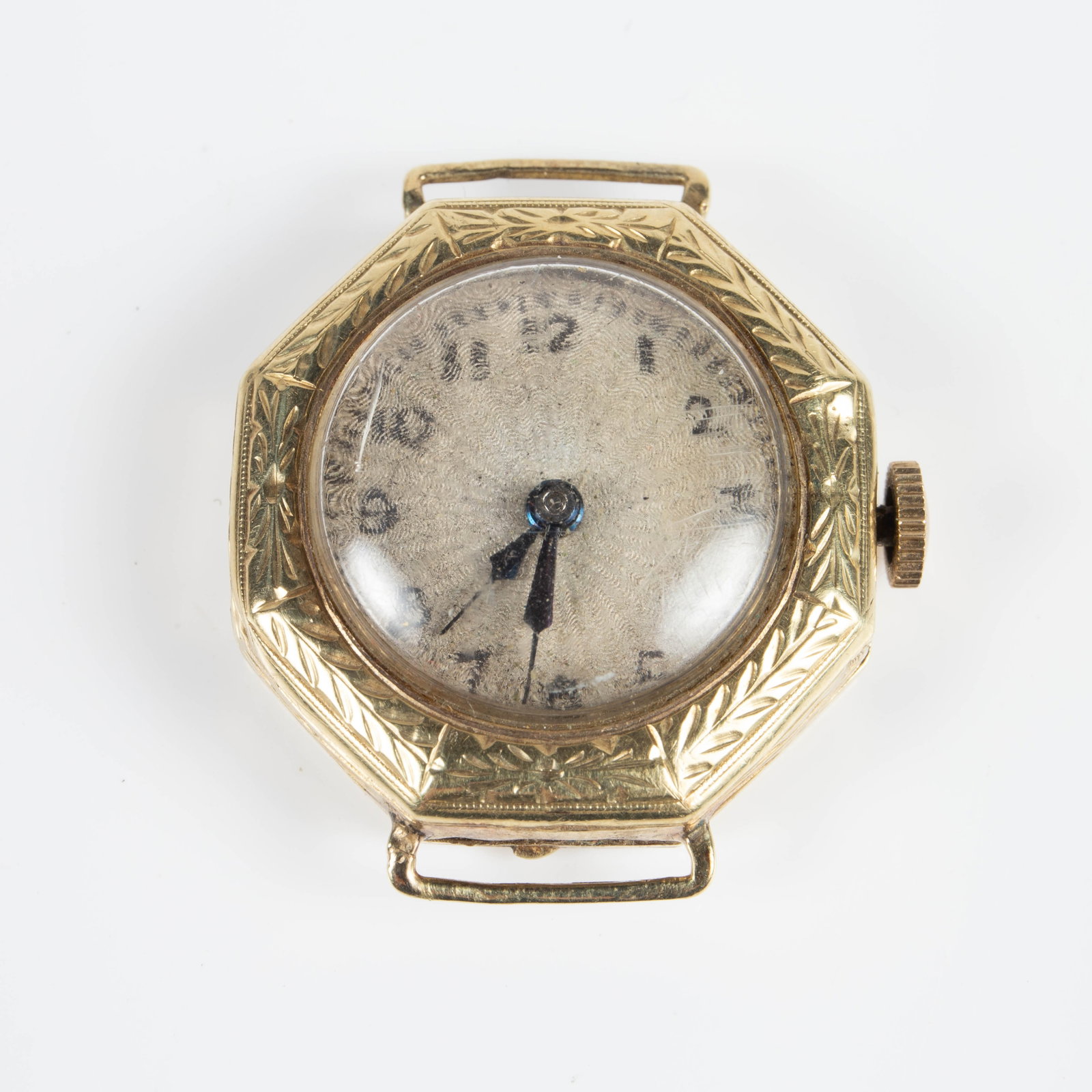 Antique Octagonal 14K Gold Ladies' Watch.: The watch features an octagonal case with etched borders and two loops for straps. The case is marked PB14K, and weighs 3 Pennyweight, or 4.6 Grams (including the crystal). The manual wind movement