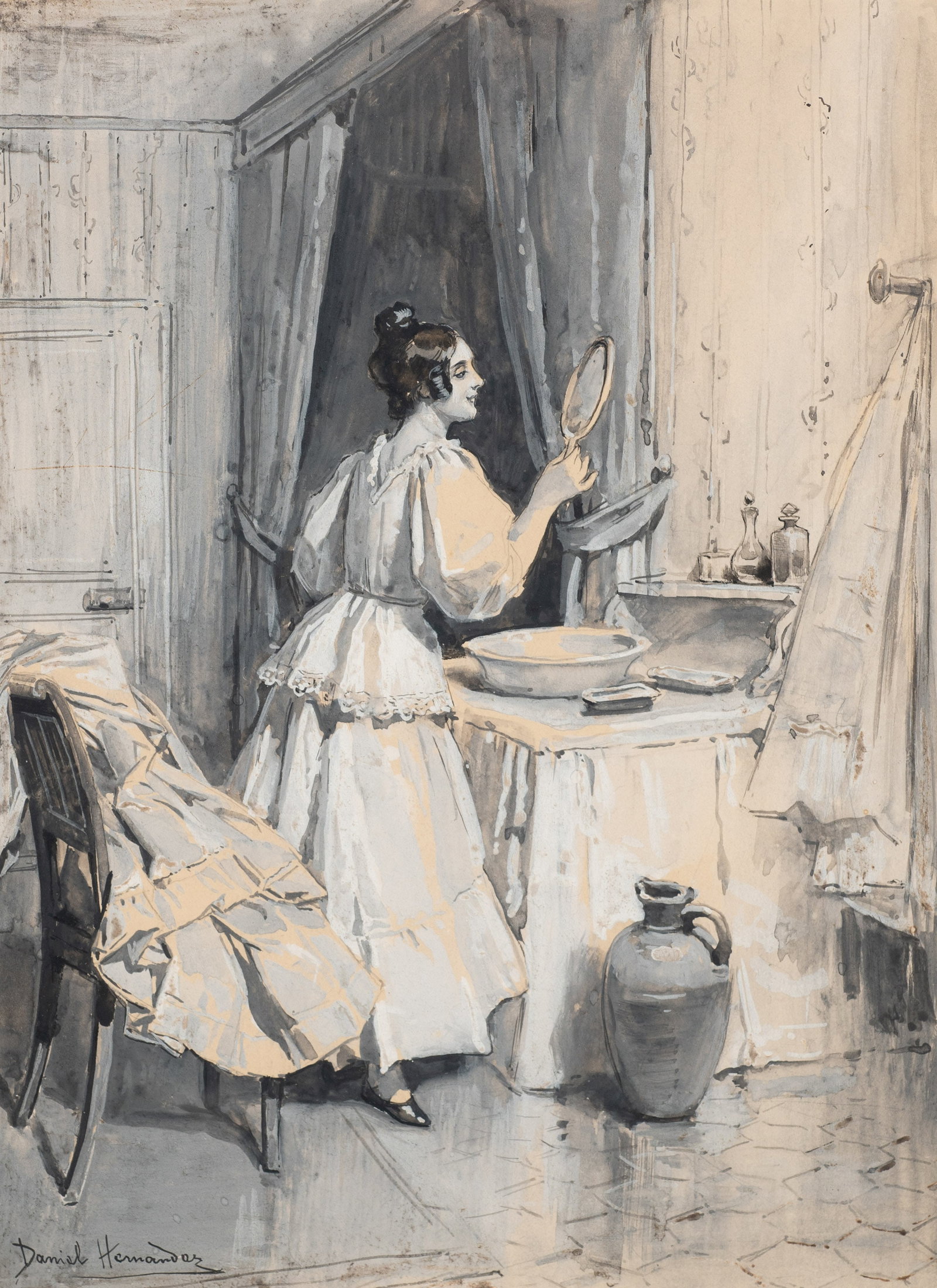 Watercolor of Eugenie Grandet, Daniel Hernandez.: Artist(s): Daniel Hernandez (Peruvian, 1856-1932). "Eugenie Makes Her Toilet", image from Honore de Balzac's novel "Eugenie Grandet". Medium: Watercolor painting. Signature(s): Lower left.