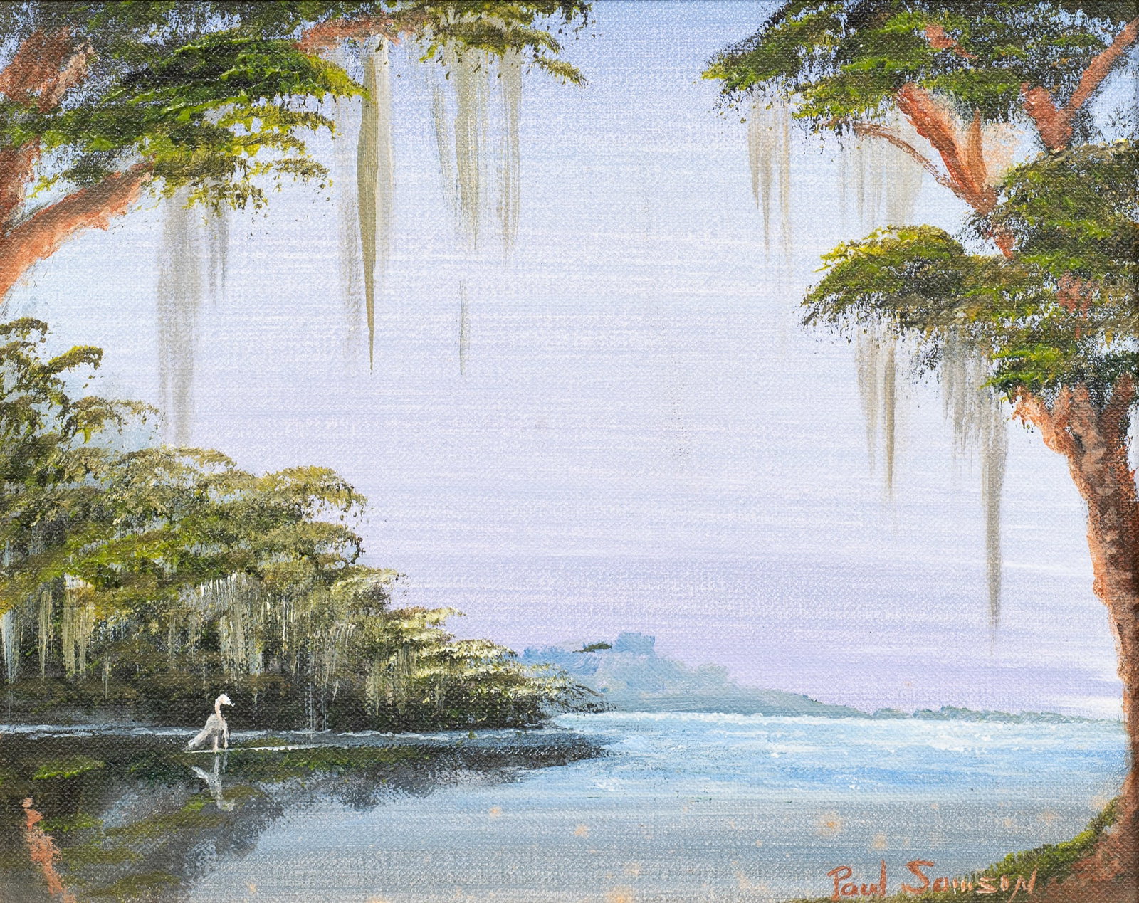 Louisiana Marsh Landscape by Paul Samson.: Artist(s): Paul Samson (American, 20th Century). Medium: Acrylic painting on canvas board. Signature(s): Lower right. Paperwork/Provenance: Artist tag en verso. Condition: The painting is in good over