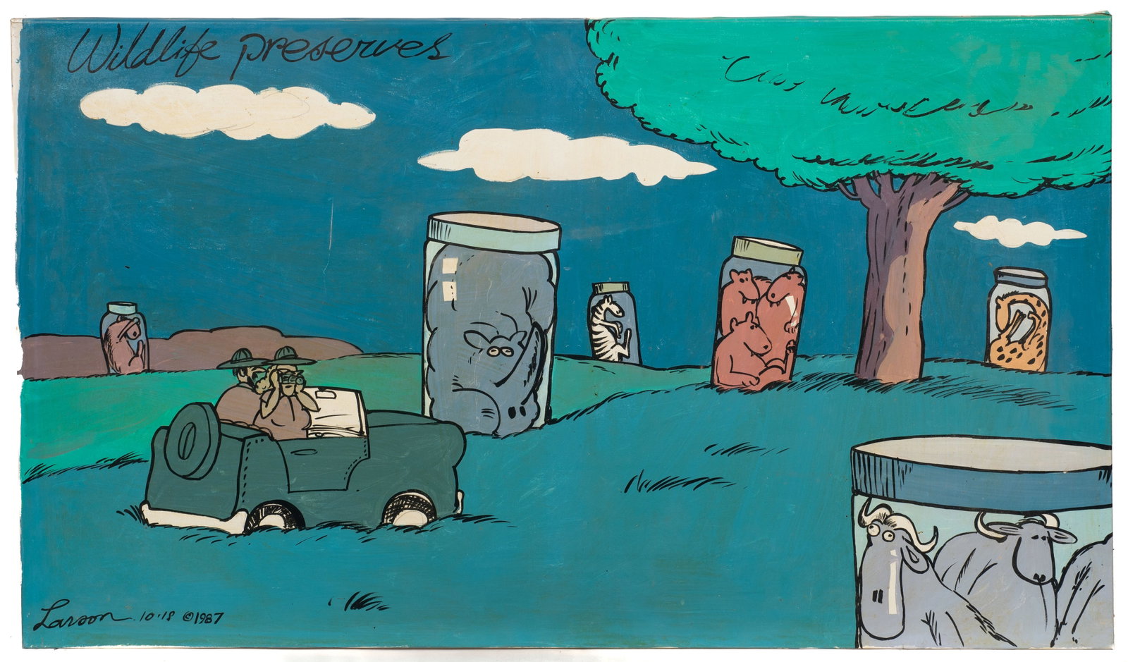 WIldlife Preserves, Painting After Gary Larson.: Artist(s): After Gary Larson (American, b. 1950). Medium: Acrylic painting on canvas. Signature(s): Bears signature of the artist, lower left. Paperwork/Provenance: N/A Condition: Unframed. Signs of