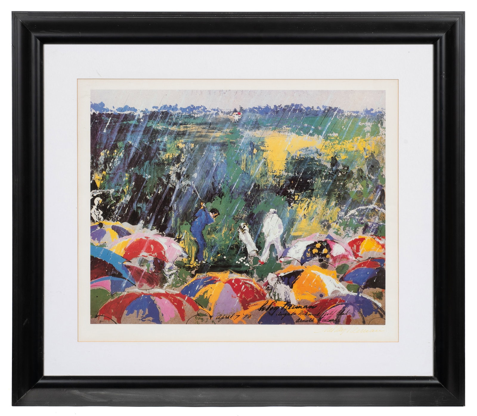 Arnie in the Rain, Signed LeRoy Neiman Poster.: Artist(s): LeRoy Neiman (American, 1921-2012). Medium: Offset poster. Signature(s): Artist signed, lower right. Paperwork/Provenance: N/A Condition: Signs of mat burn to the work. Minor wear to the fr