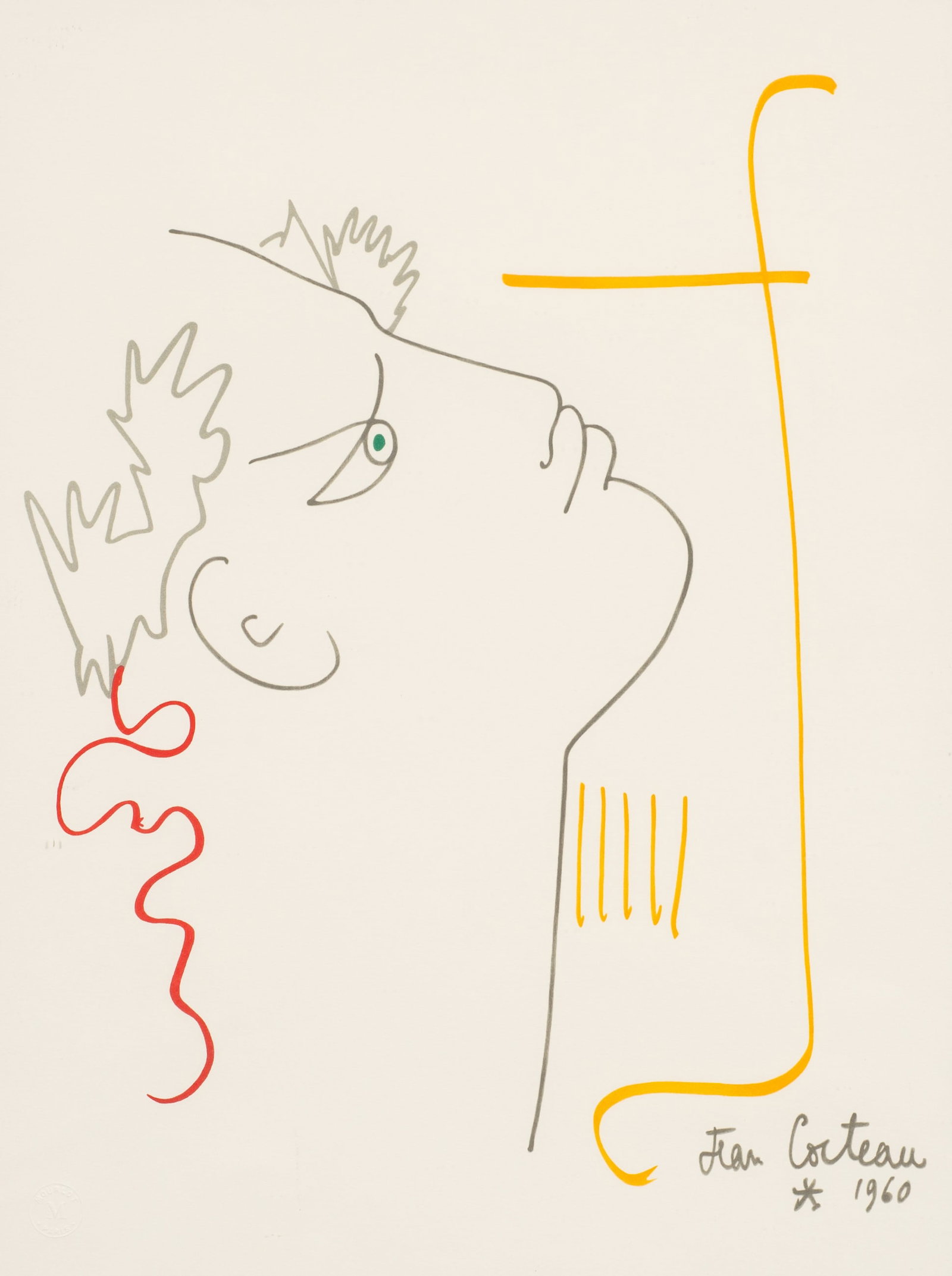 Profile of Orpheus, Lithograph After Cocteau.: Artist(s): After Jean Cocteau (French, 1889-1963). Medium: Lithograph in colors. Signature(s): In-print, lower right. Mourlot blindstamp, lower left. Paperwork/Provenance: N/A Condition: No visible da