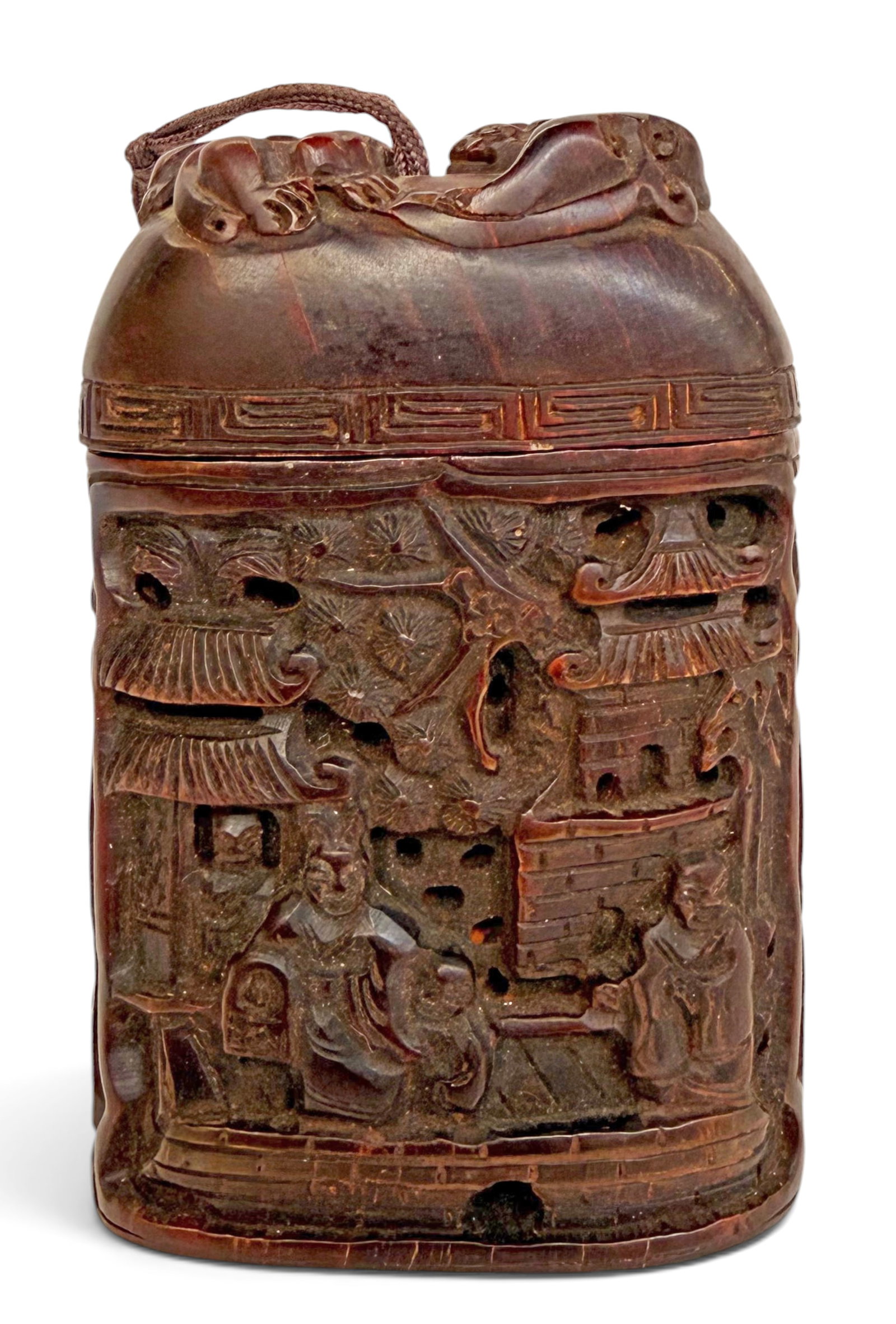 Carved Wood Japanese Inro, Pagodas & Figures.: The inro has a carving on the top of two dragons. On the sides are carvings of figures standing in front of pagodas. The inro looks to be in good overall condition, with wear to use. It measures 3 3/4